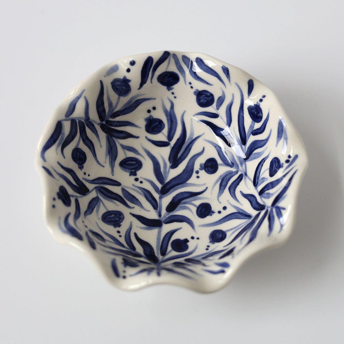 Hand Painted Pomegranate Scalloped Bowl - Deep Blue