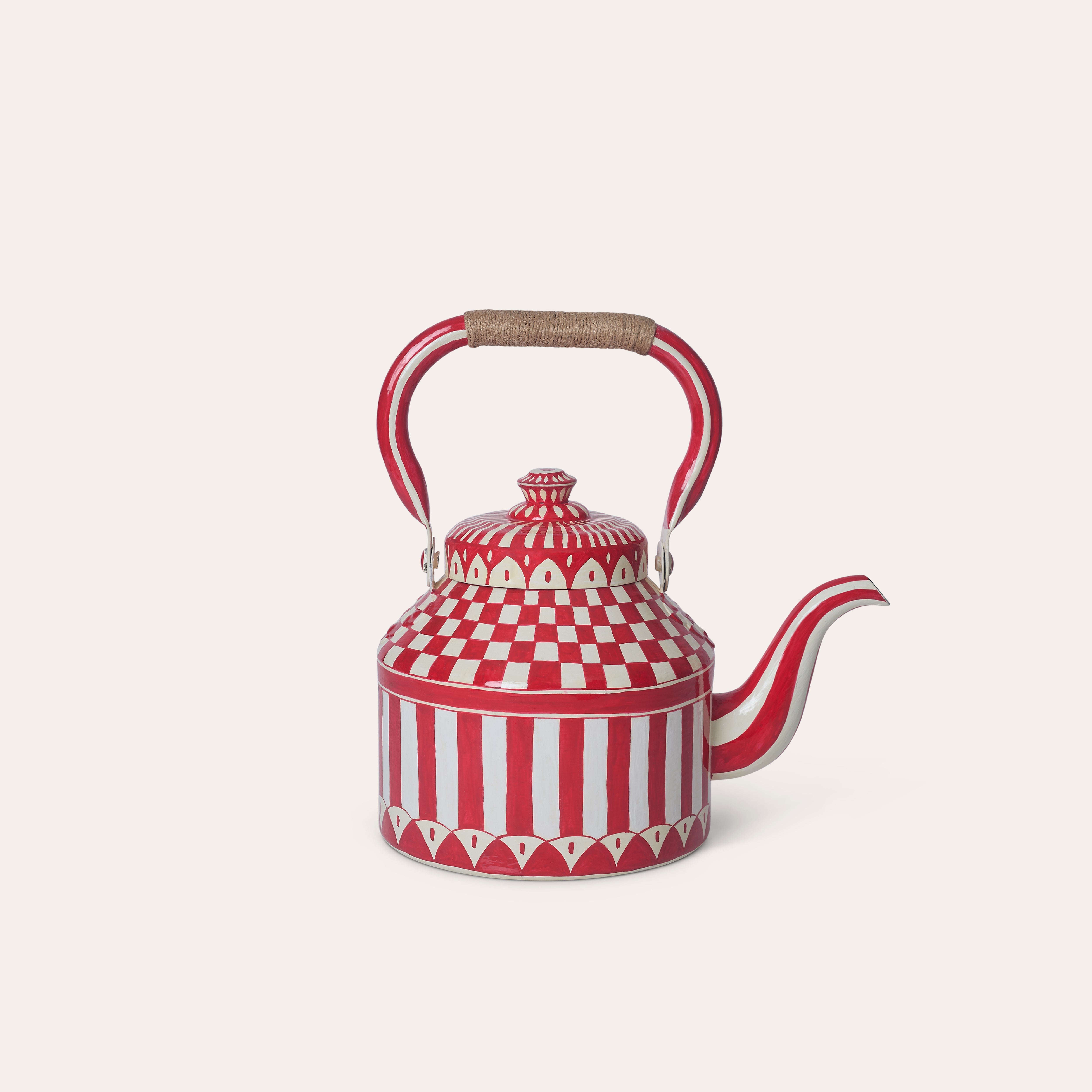 Hand Painted Tea Kettle | Red and White | Striped