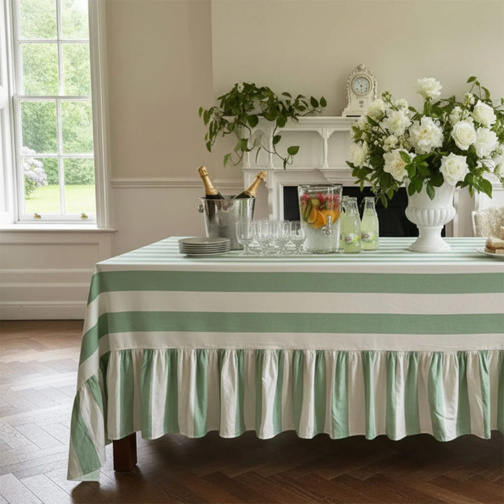Sage Riviera Striped Ruffle Edge Tablecloth