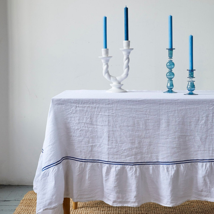 White Double Piped Linen Tablecloth