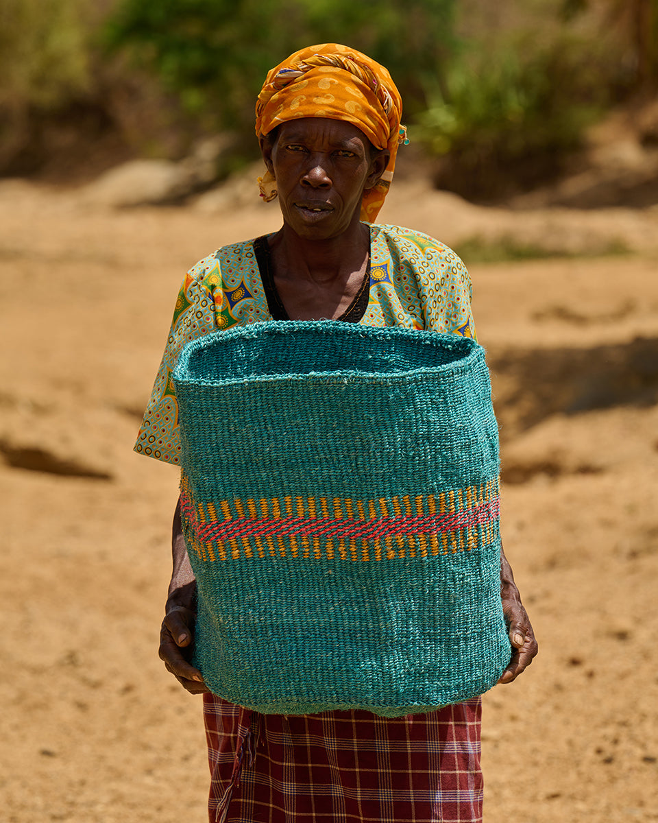 NYUMA: Teal, Gold & Red Stripe Woven Laundry Basket