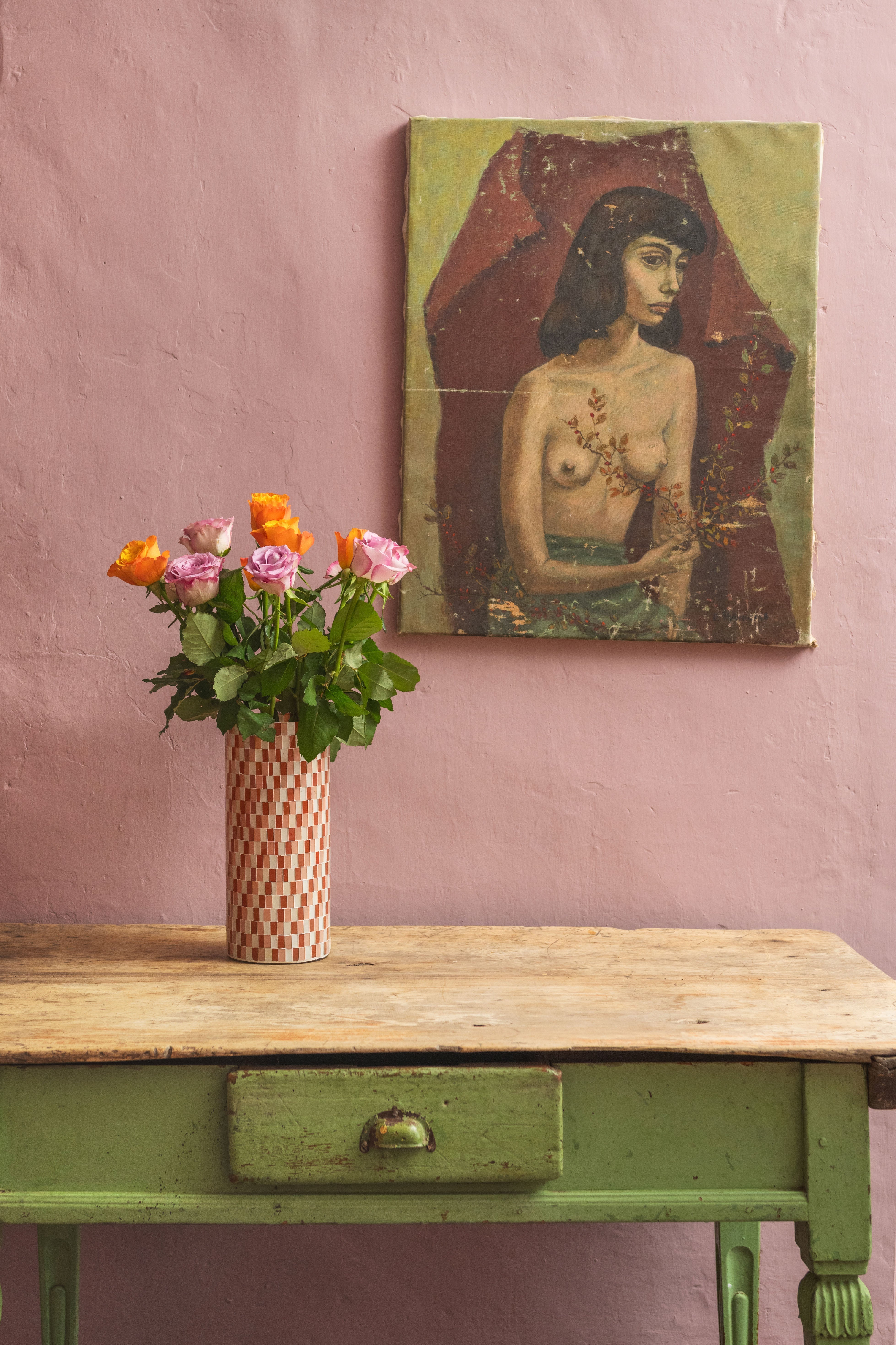 Red & Pink Mosaic Glass Vase