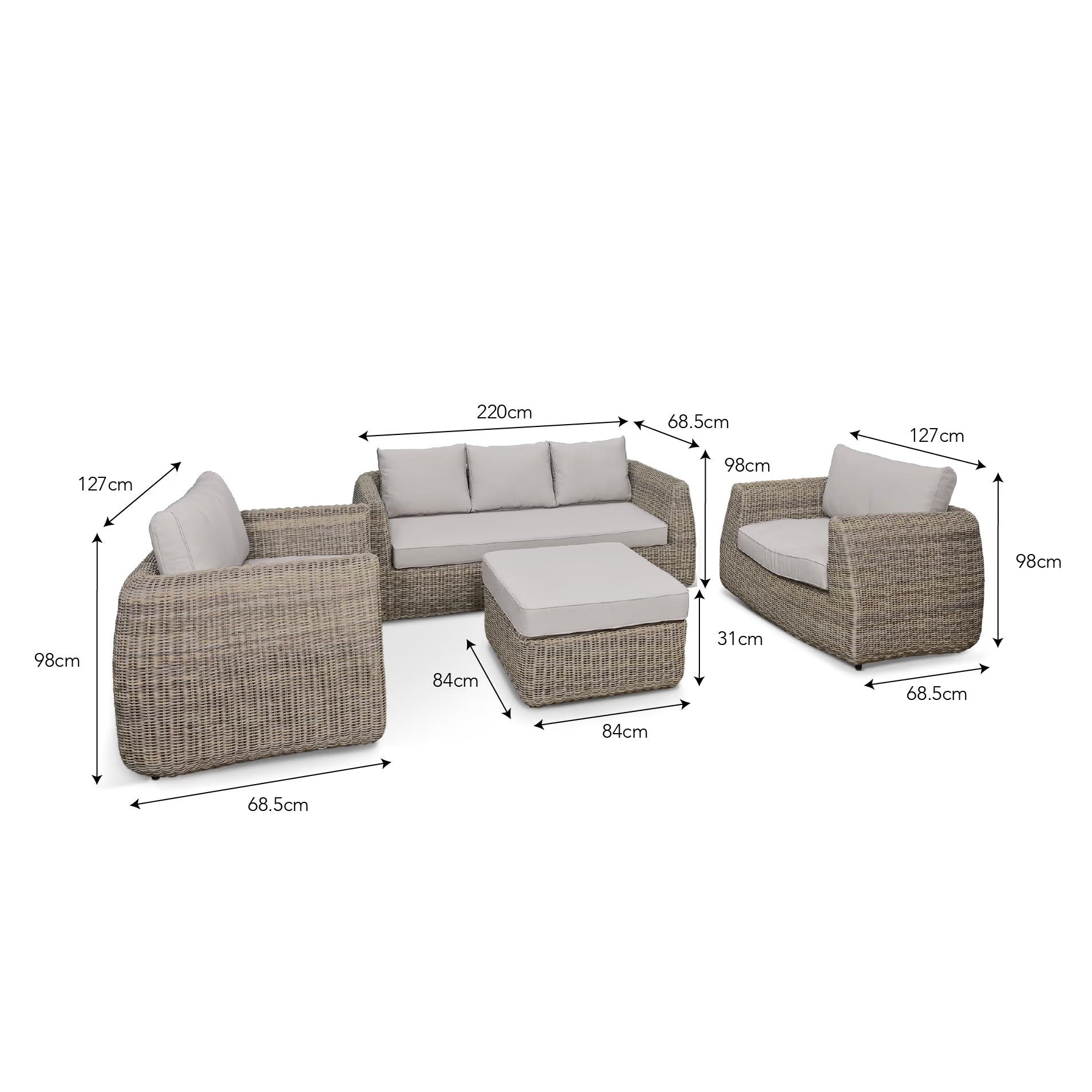 Skala 3-Seater Sofa, Armchair & Ottoman Set | Light Rattan