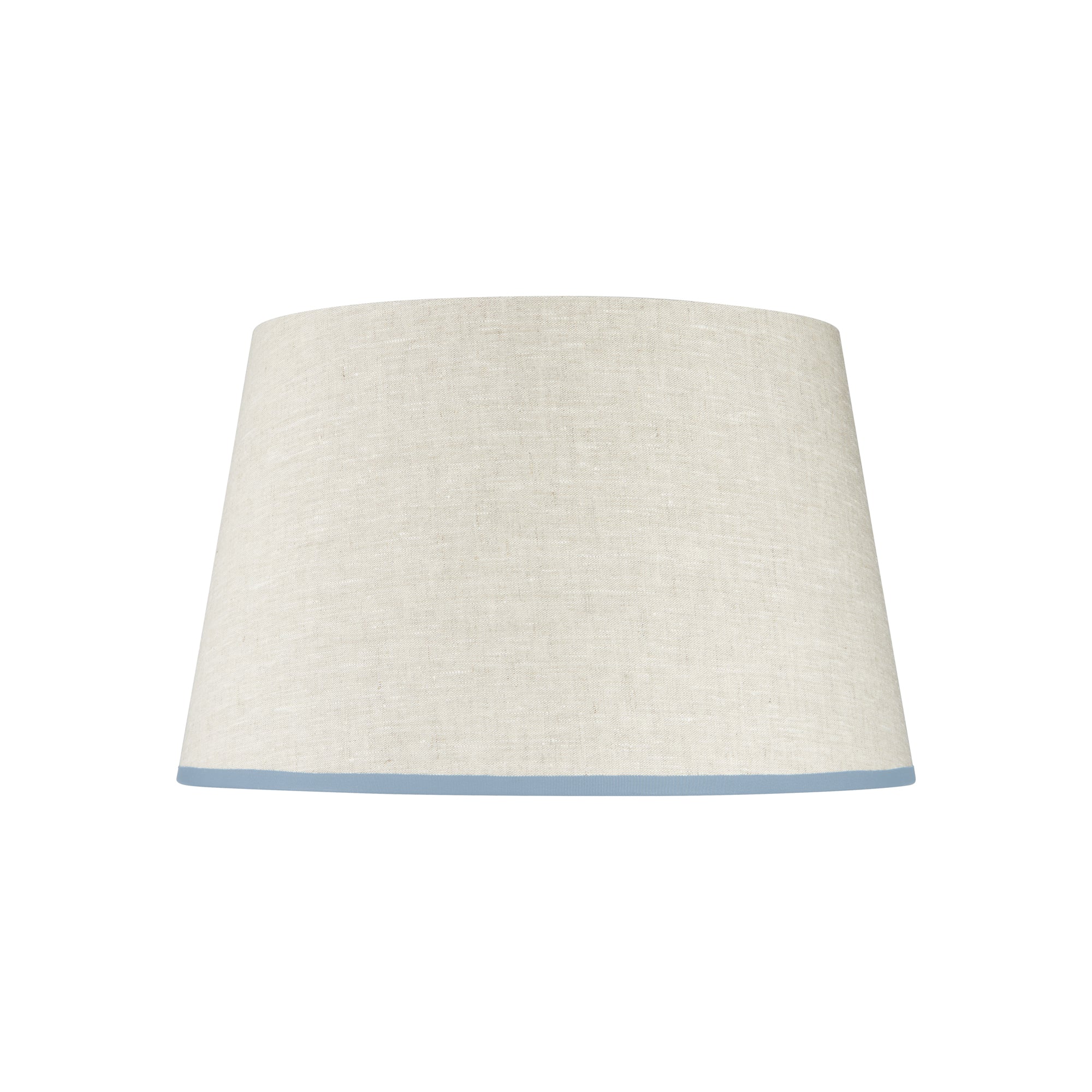 STRETCHED CREAM  LINEN LAMPSHADE WITH SKY BLUE TRIM