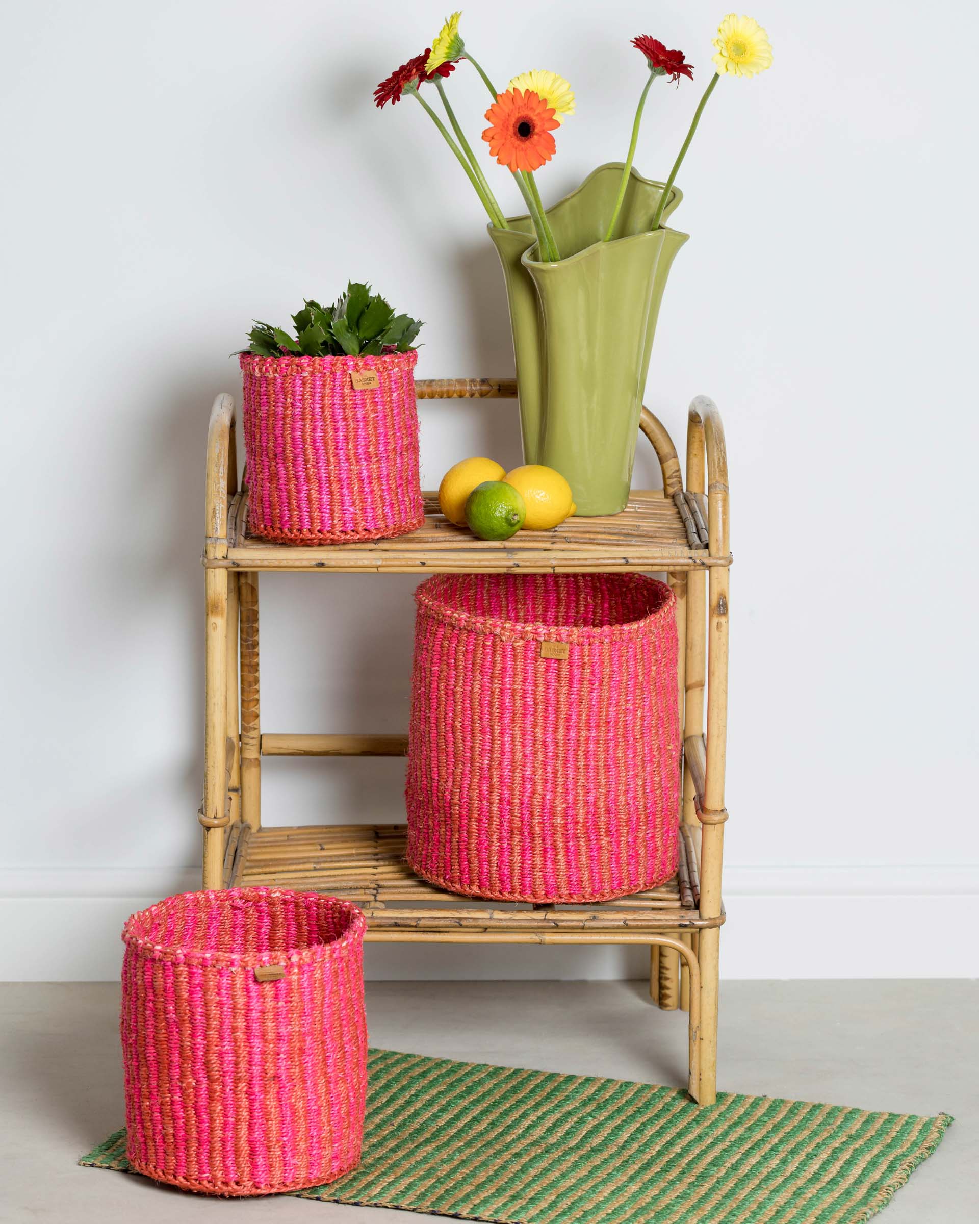 KIWANDA: Red & Pink Pinstripe Woven Storage Basket