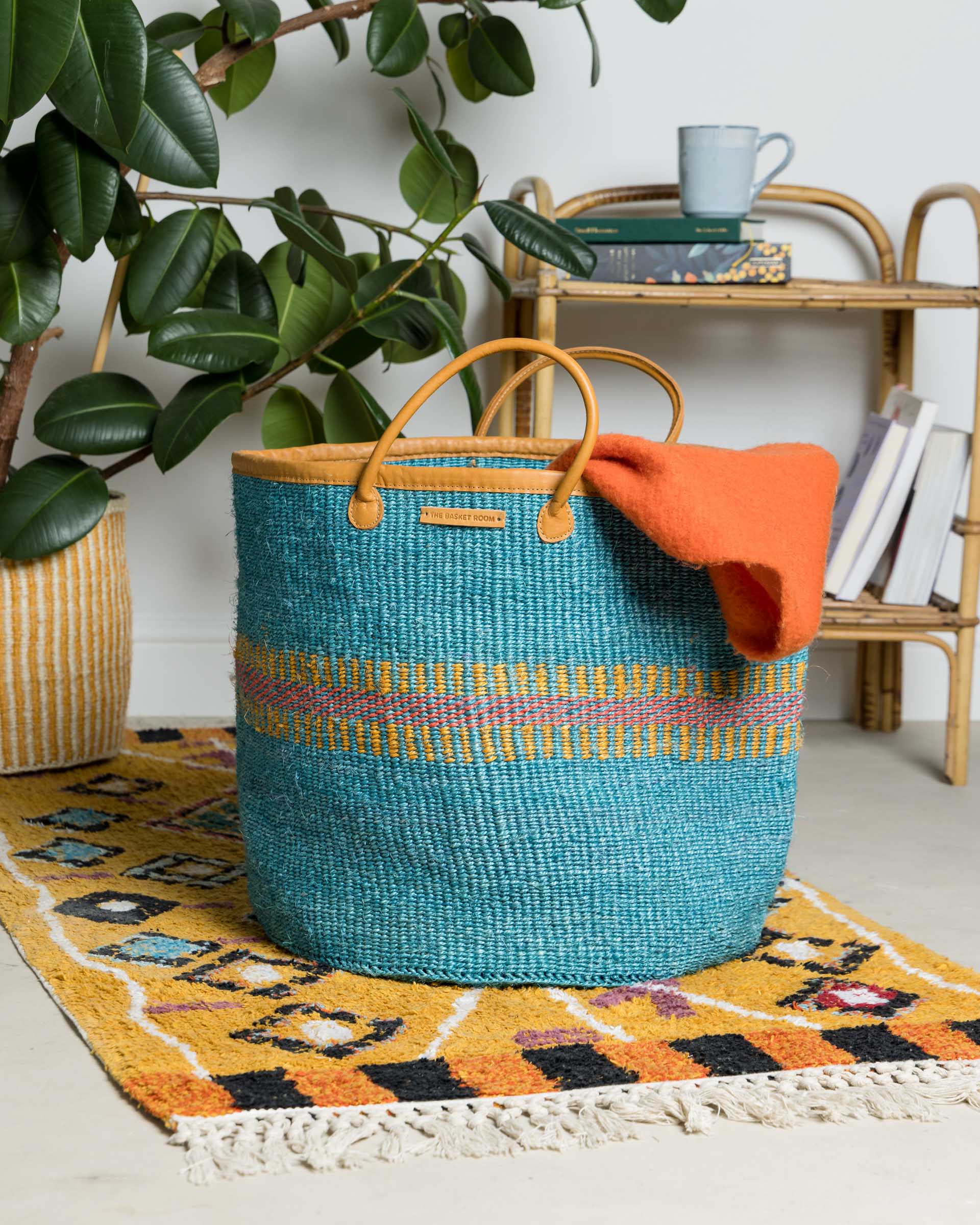 NYUMA: Teal, Gold & Red Stripe Woven Laundry Basket