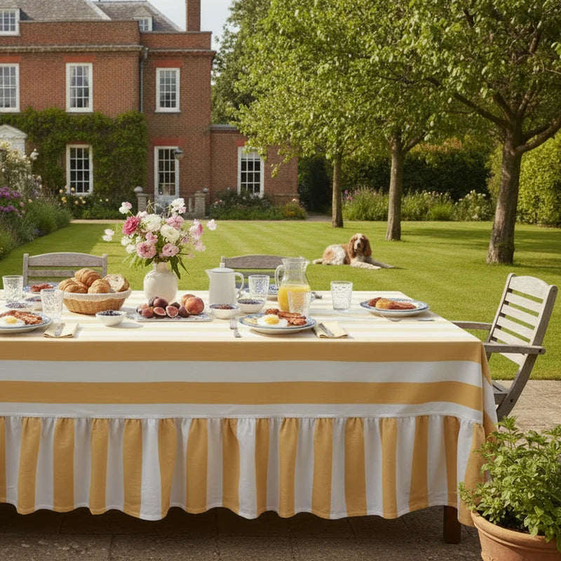 Yellow Riviera Striped Ruffle Edge Tablecloth
