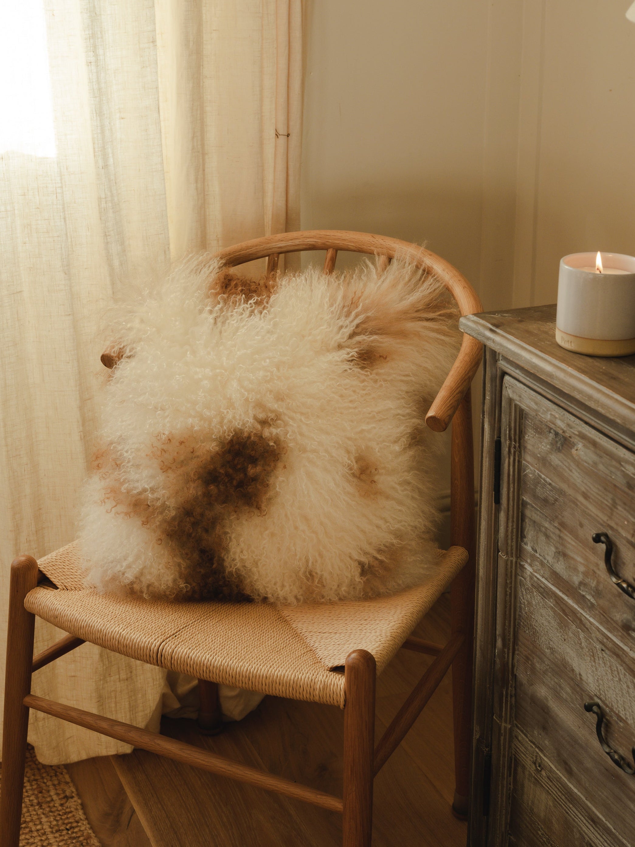 Tibetan Sheepskin Cushion | White & Brown