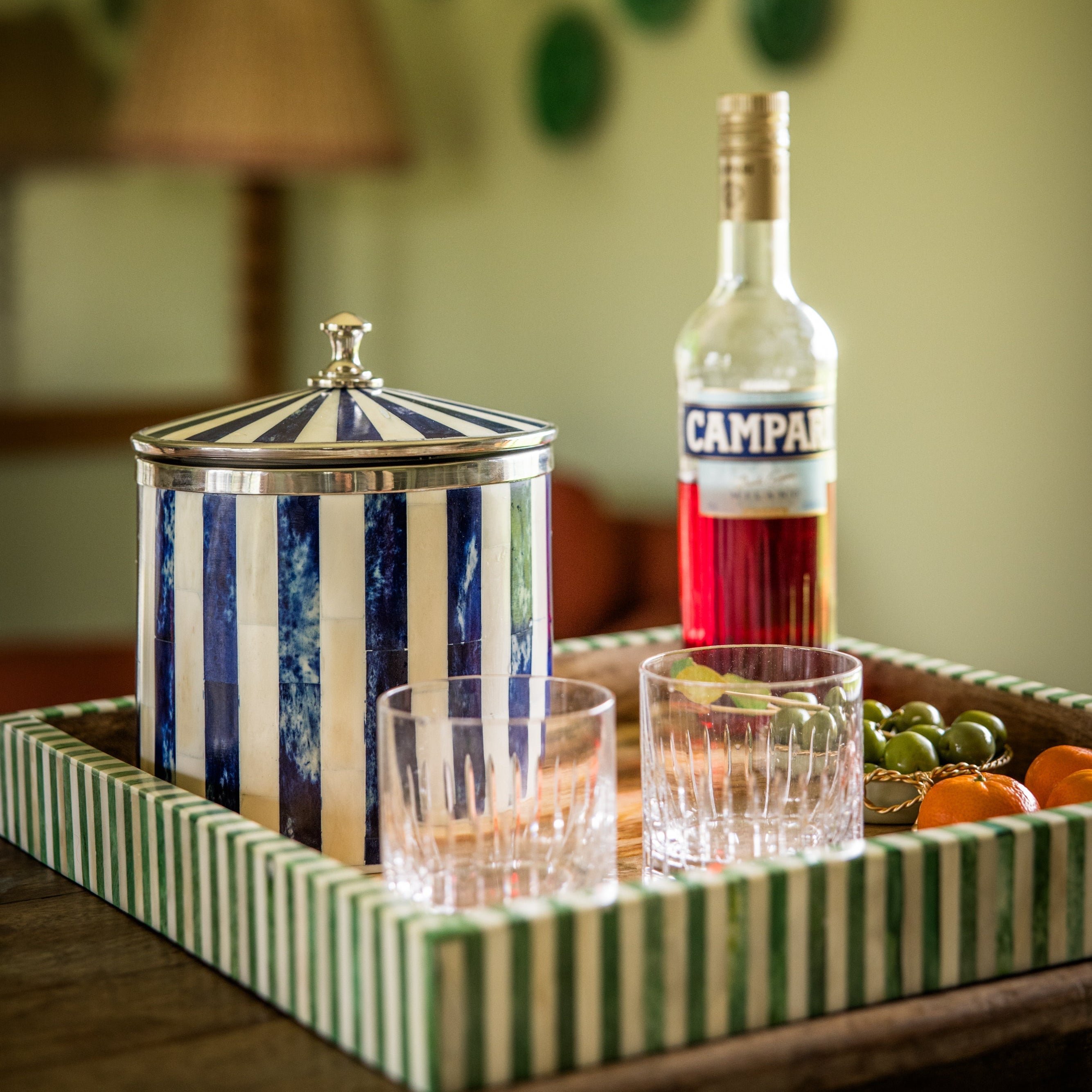 Bone Inlay Ice Bucket | Blue & White | Striped