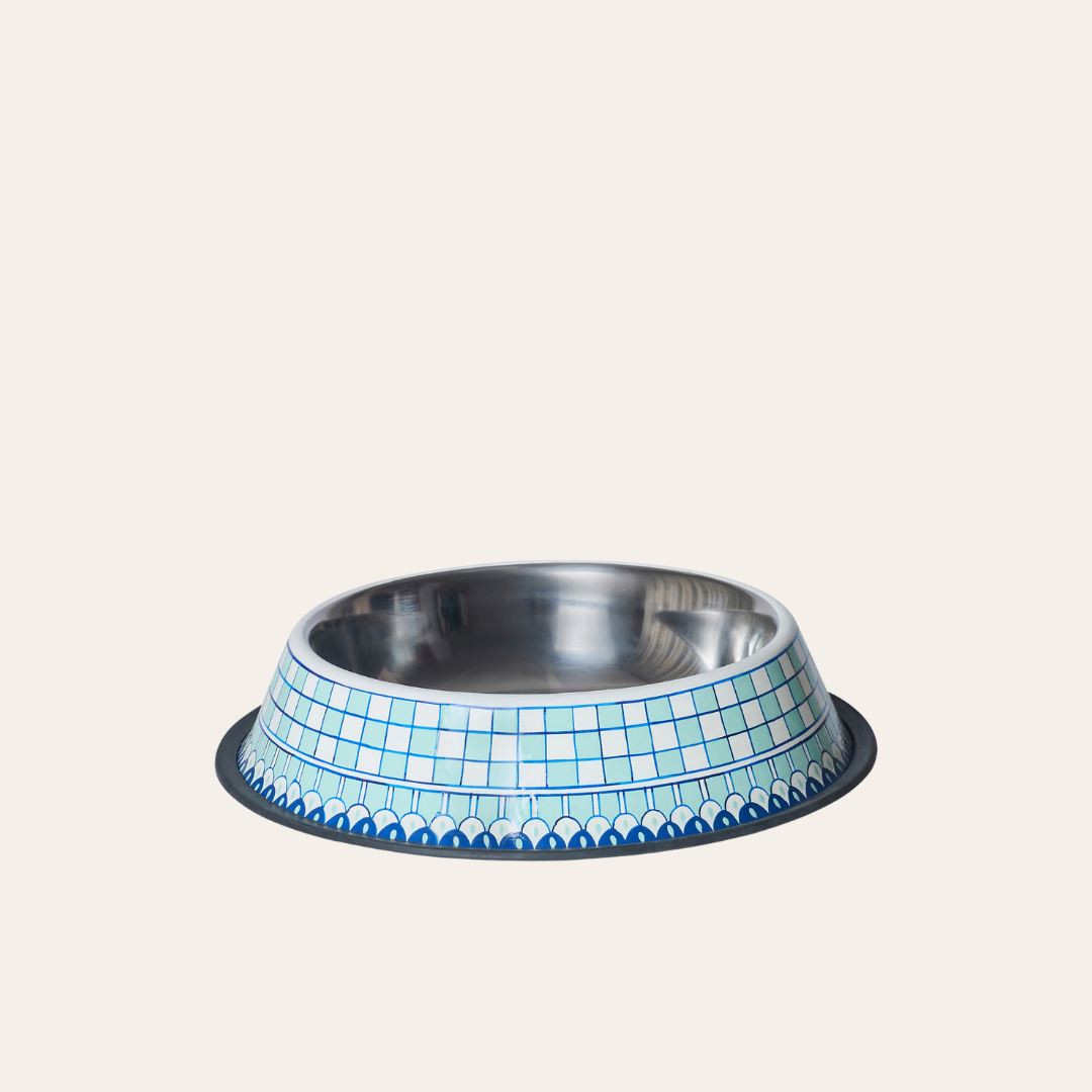 Hand Painted Dog Bowl | Large | Blue & White Striped