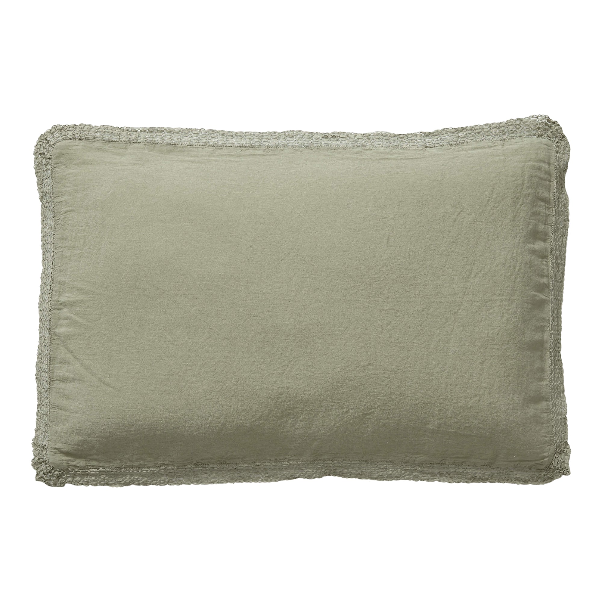 Washed Linen Cotton Oxford Pillowcase with Lace Edge - Olive
