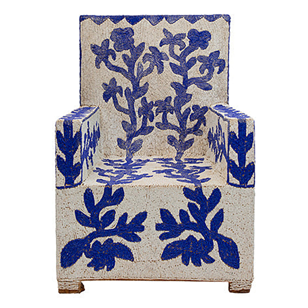 Cobalt Blue and Pearl White Yoruba Glass Bead Chair