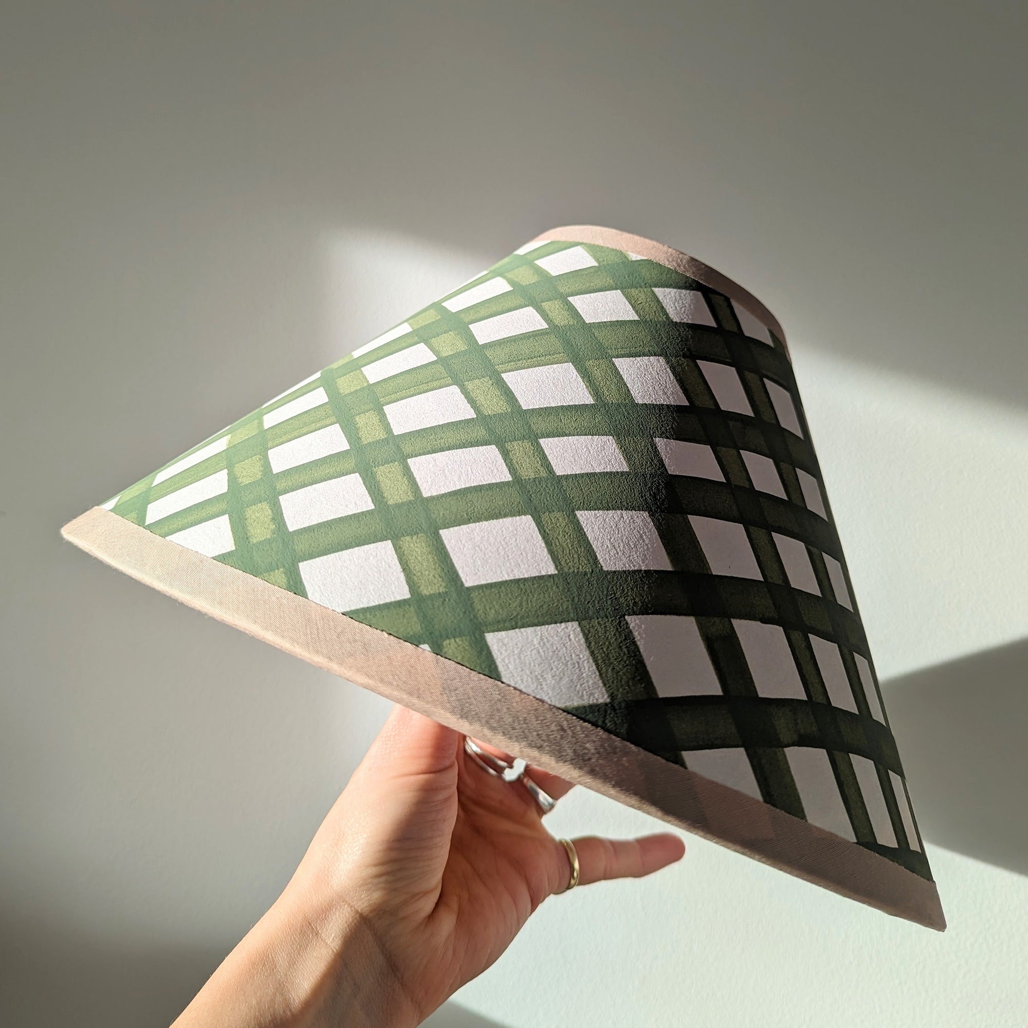 Green & Cream Gingham Hand Painted Paper Coolie Lampshade