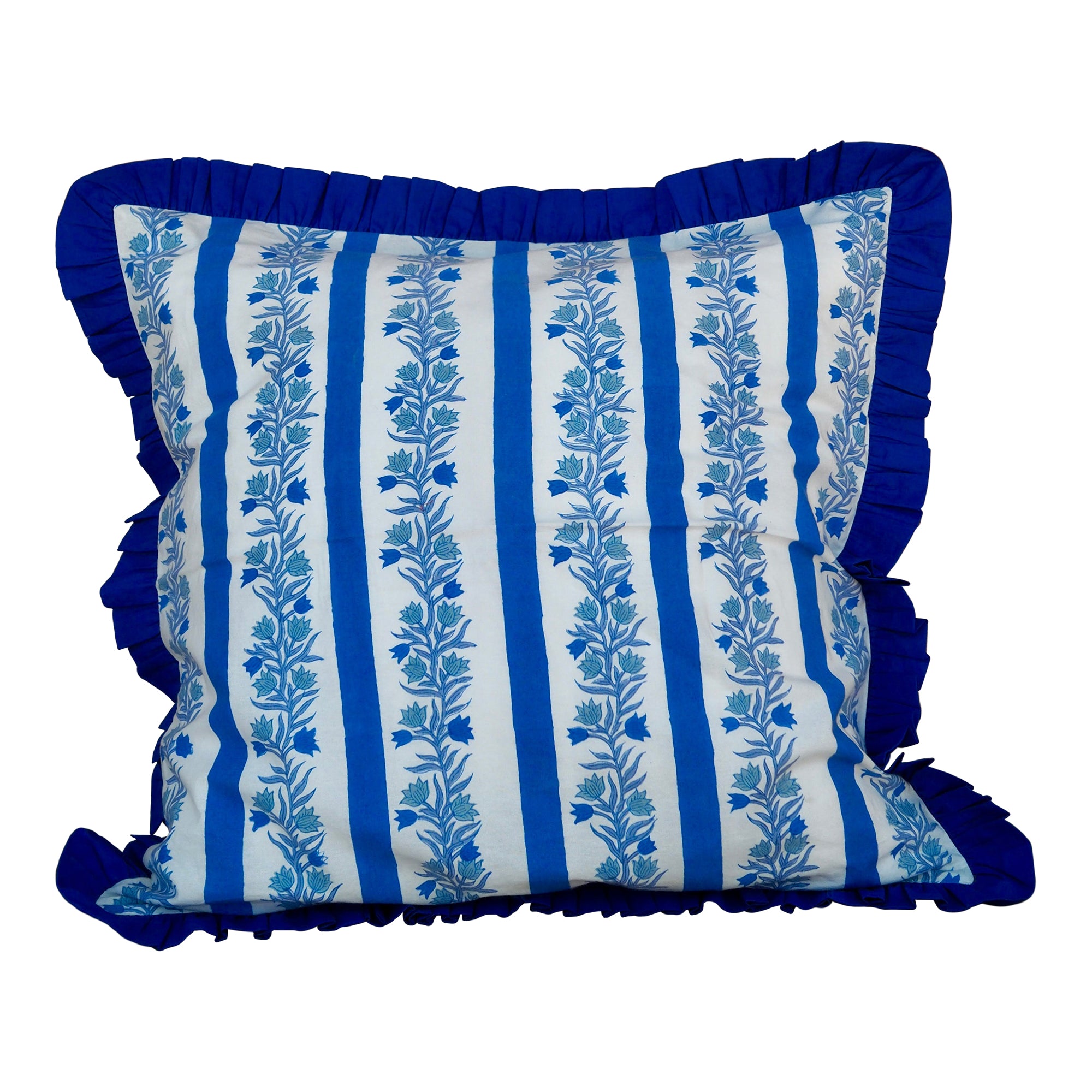 Large Blue Floral Stripe Reversible Cushion Cover