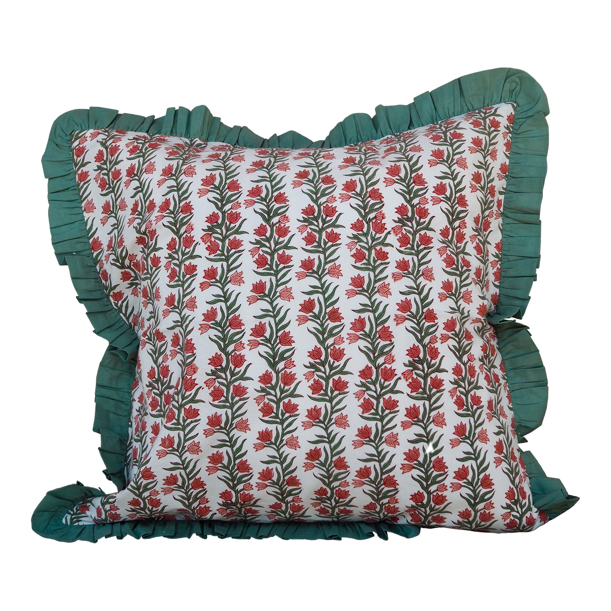 Large Green Floral and Stripe Reversible Cushion Cover