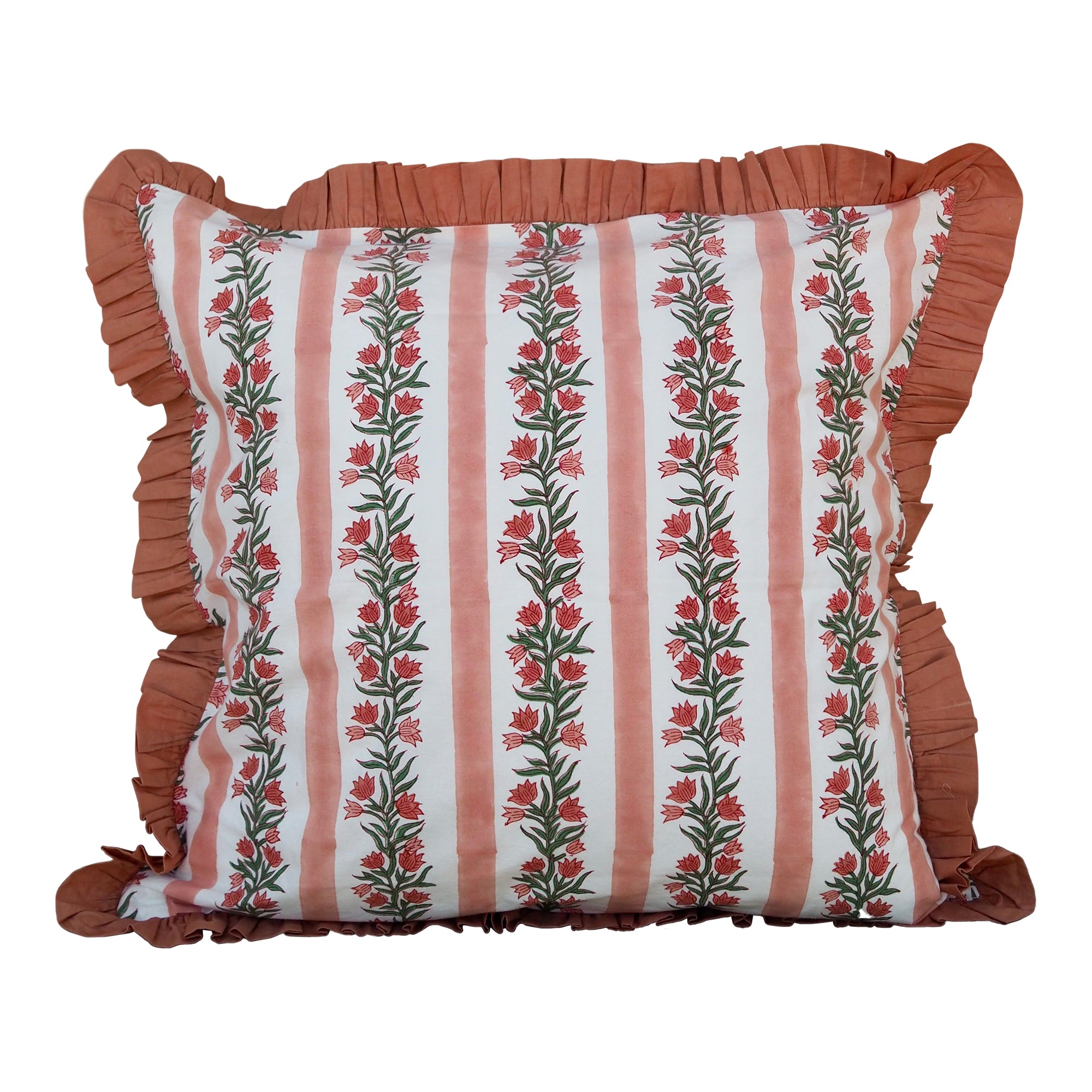 Large Terracotta Pink Floral and Stripe Reversible Cushion Cover