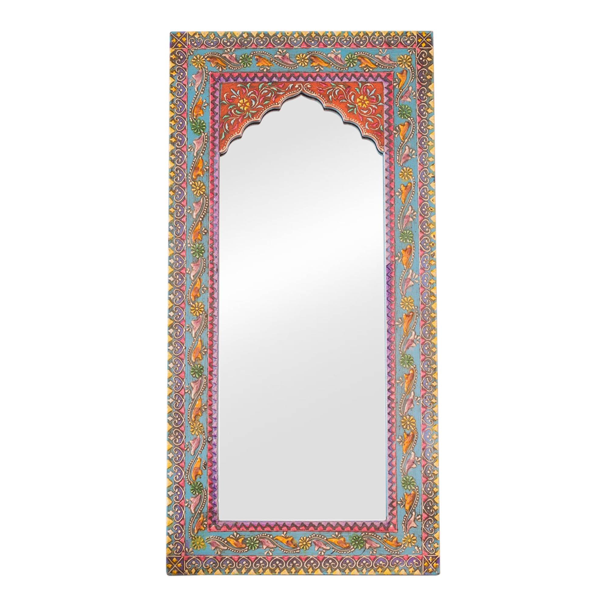 Highly Decorative Arched Wooden Mirror with Mehandi Work