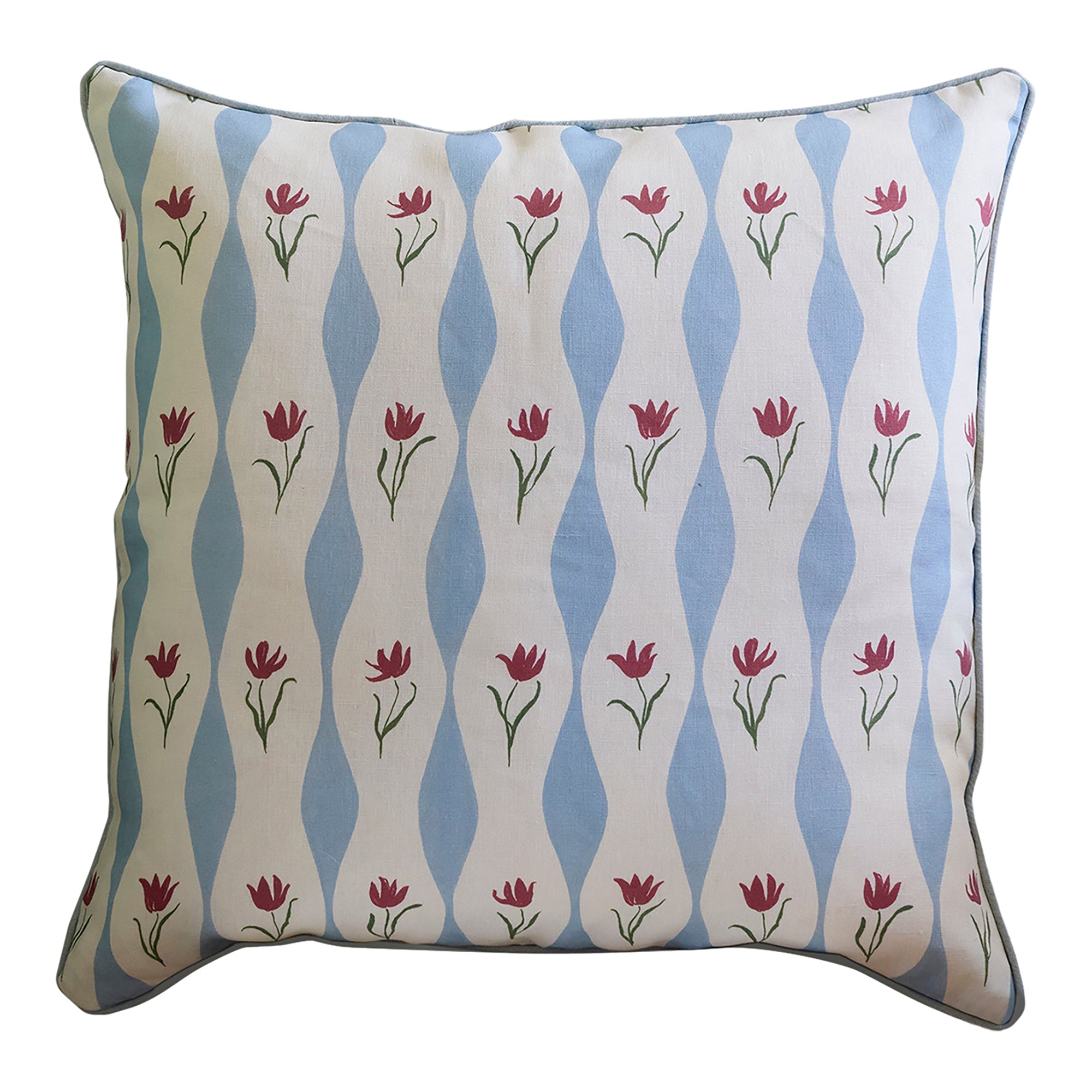 Tulip Wave (sky) linen cushion, piped | 55cm