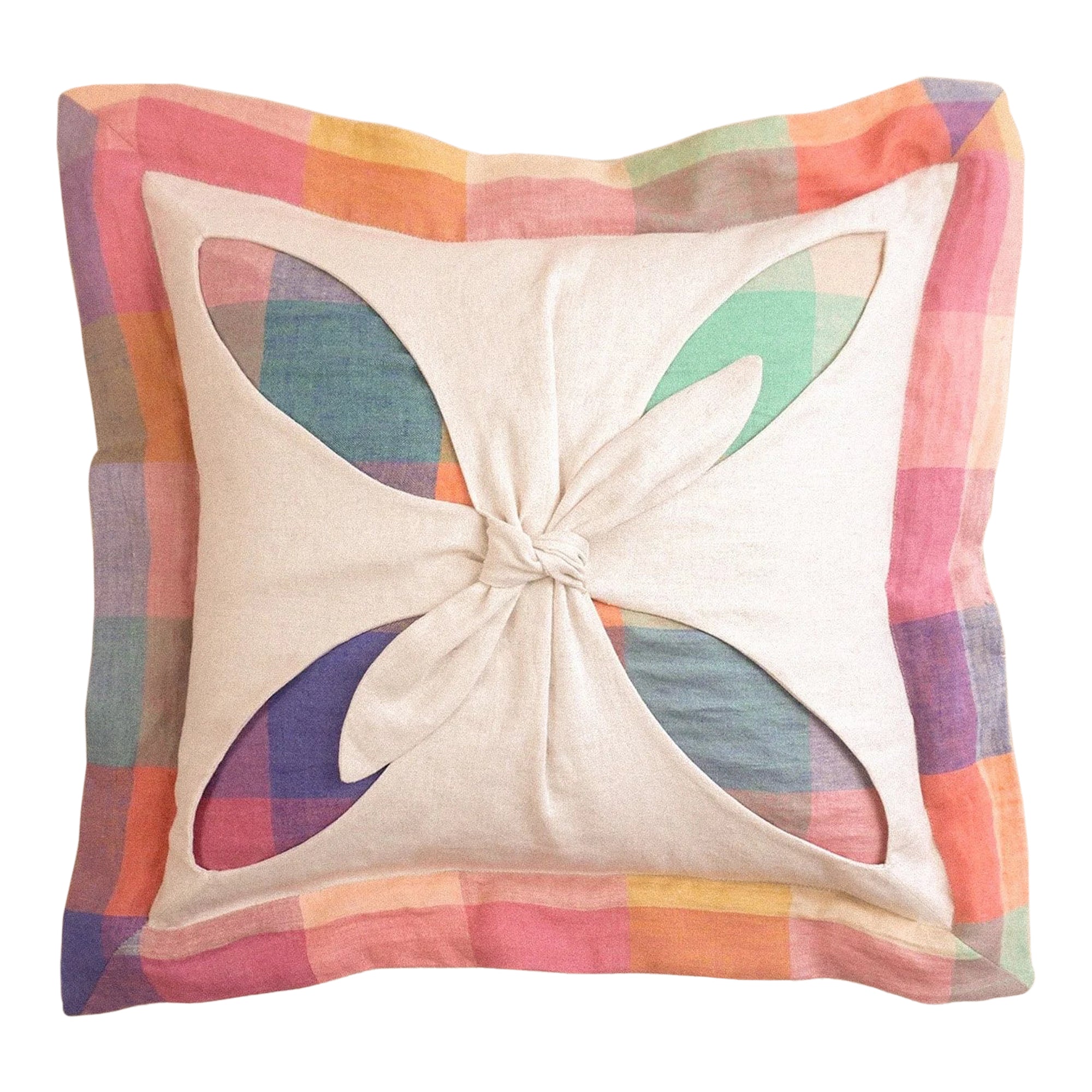 Tie-front rainbow check cushion