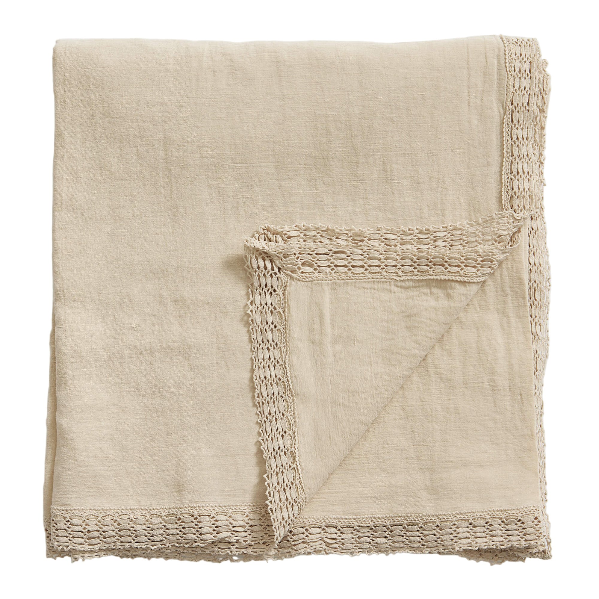 Washed Linen Cotton Tablecloth with Lace edge | Sandstone