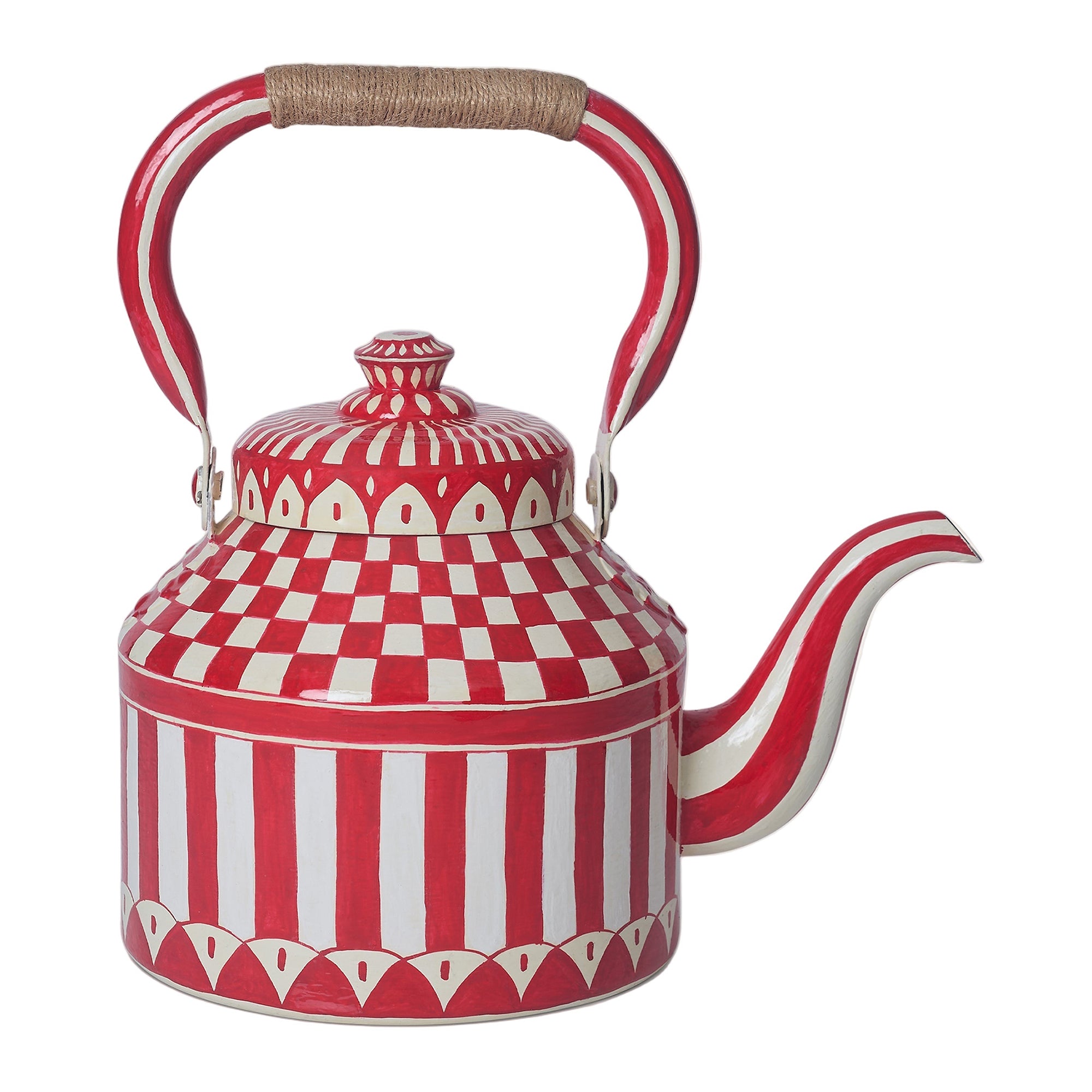 Hand Painted Tea Kettle | Red and White | Striped