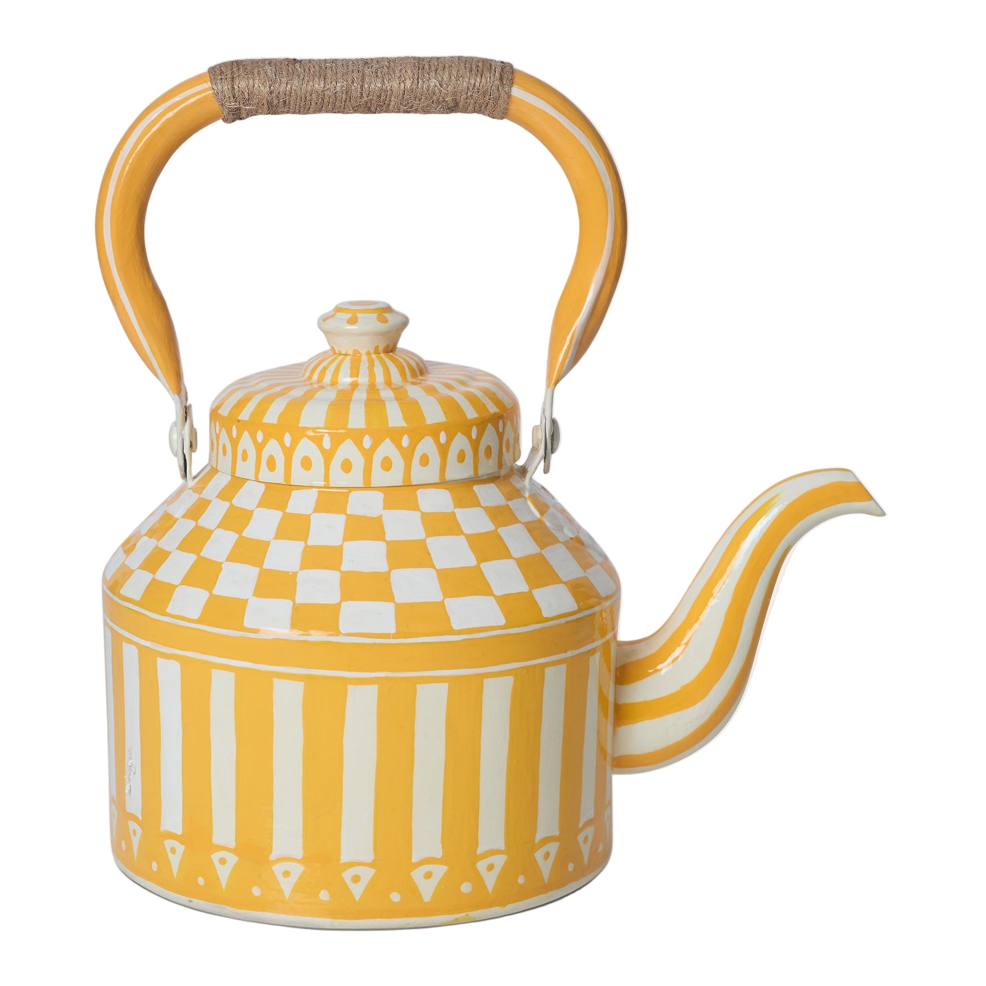 Hand Painted Tea Kettle | Yellow and White | Striped
