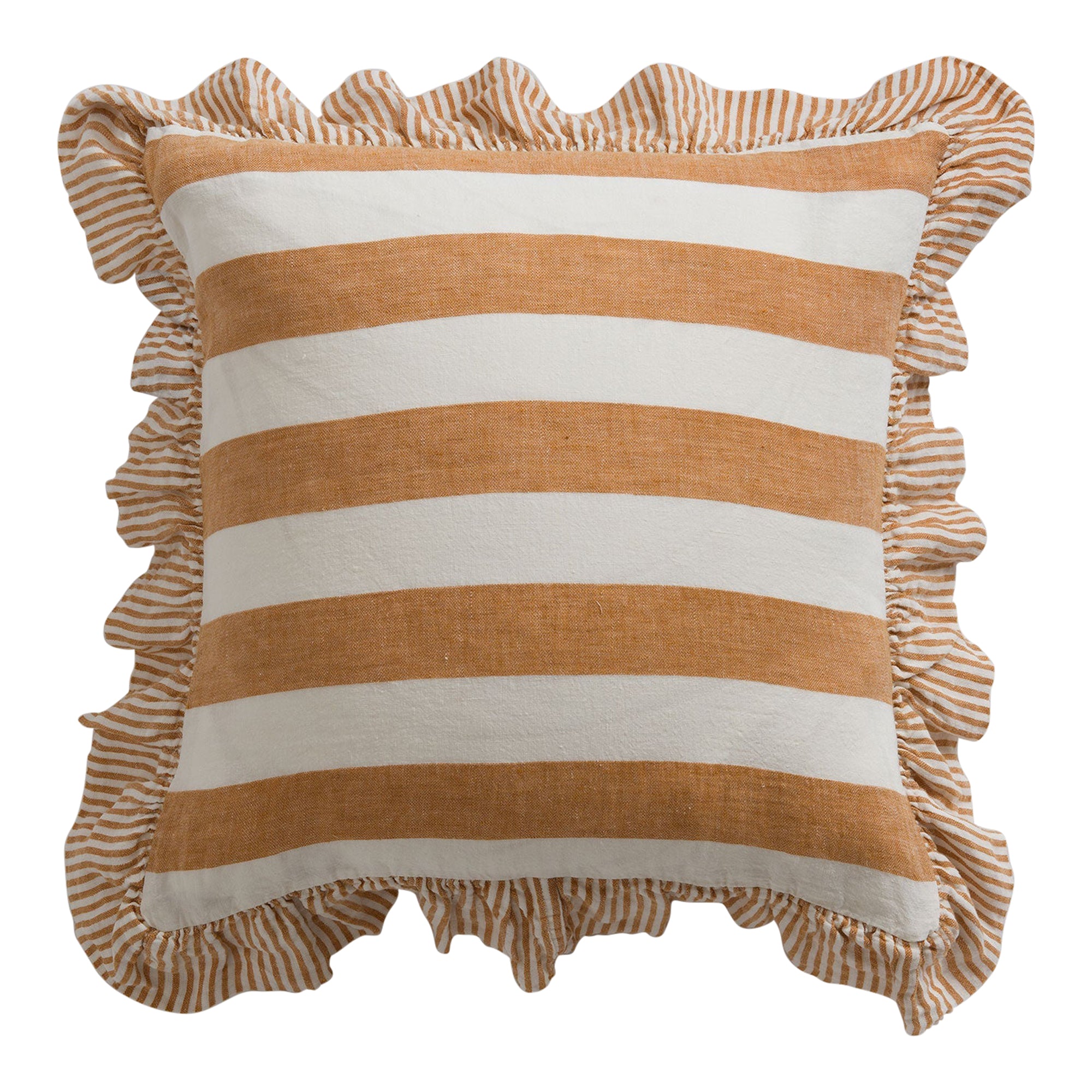 Cora Wide Stripe 100% Linen Frill Edge Cushion Cover | Amber