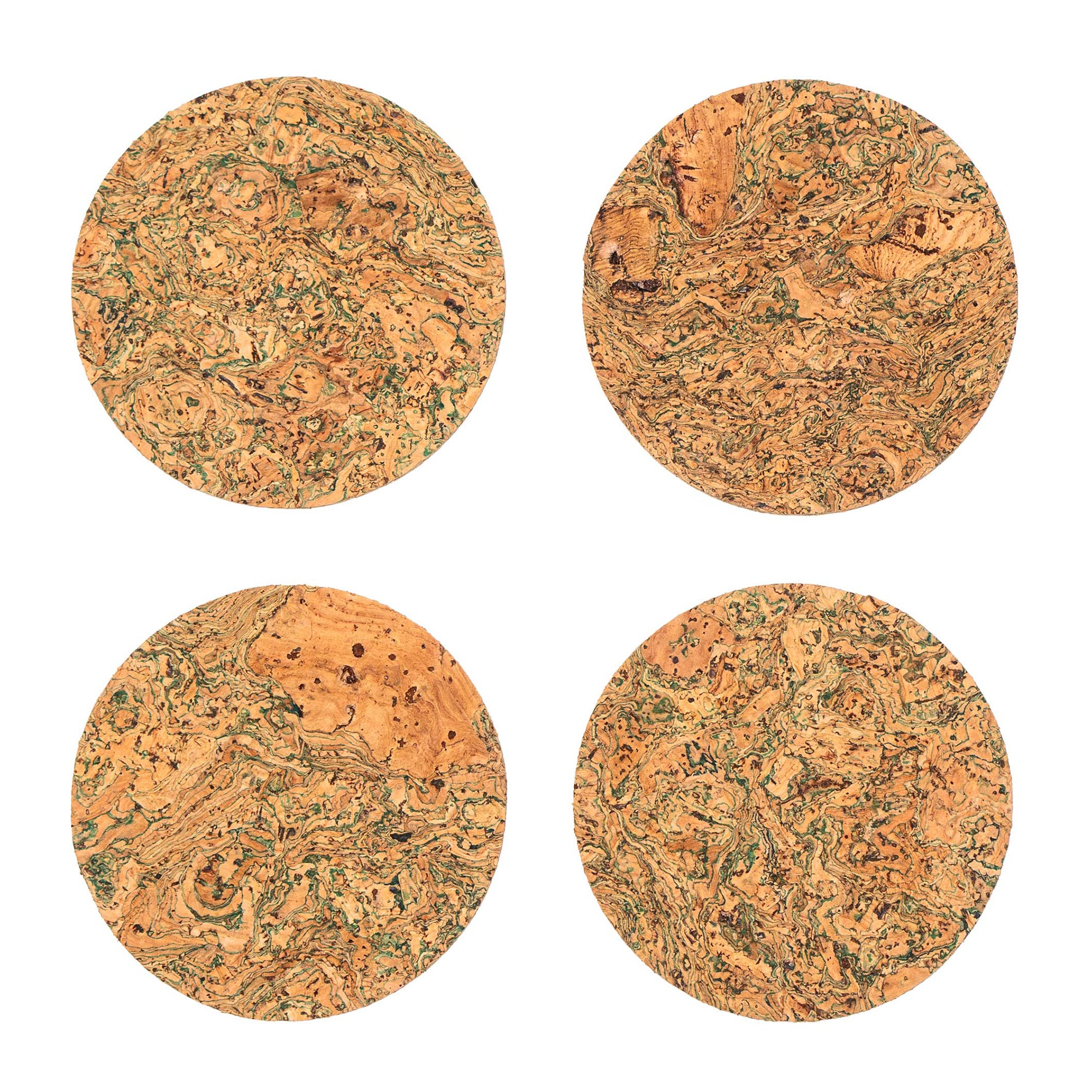 Round Natural Cork Coasters Set of 4 - Green