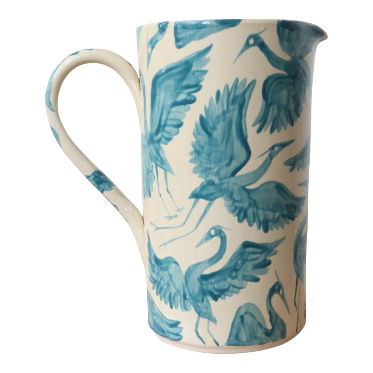 Large Hand Painted Herons Jug Pitcher Vase - Teal