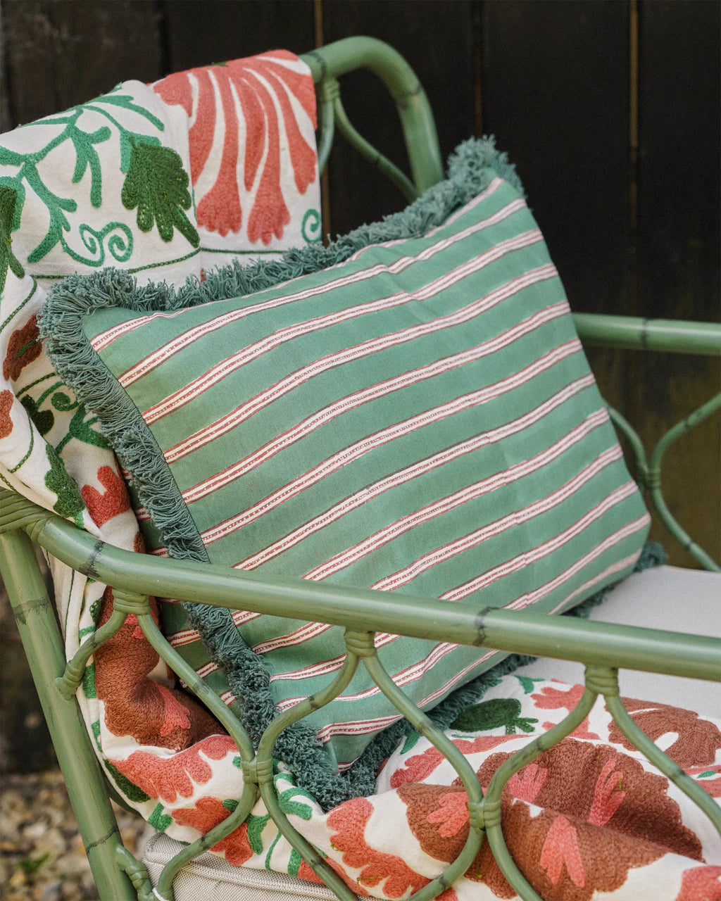 Edo Stripe Cushion Moss Green and Pink - Main Image