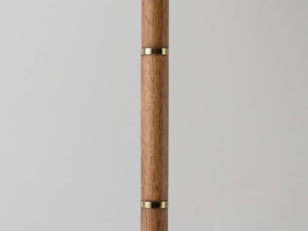 Wooden and brass disk floor lamp