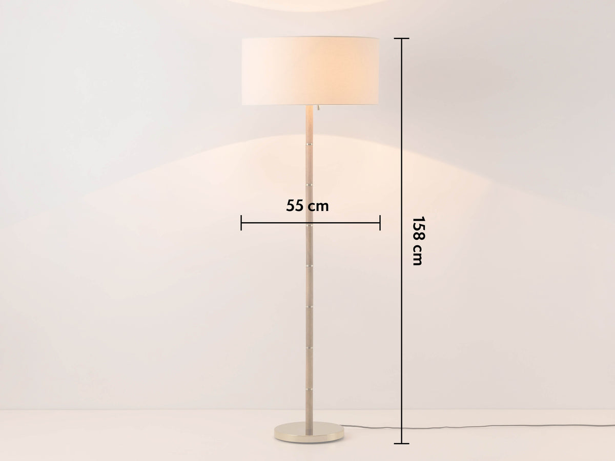 Wooden and brass disk floor lamp