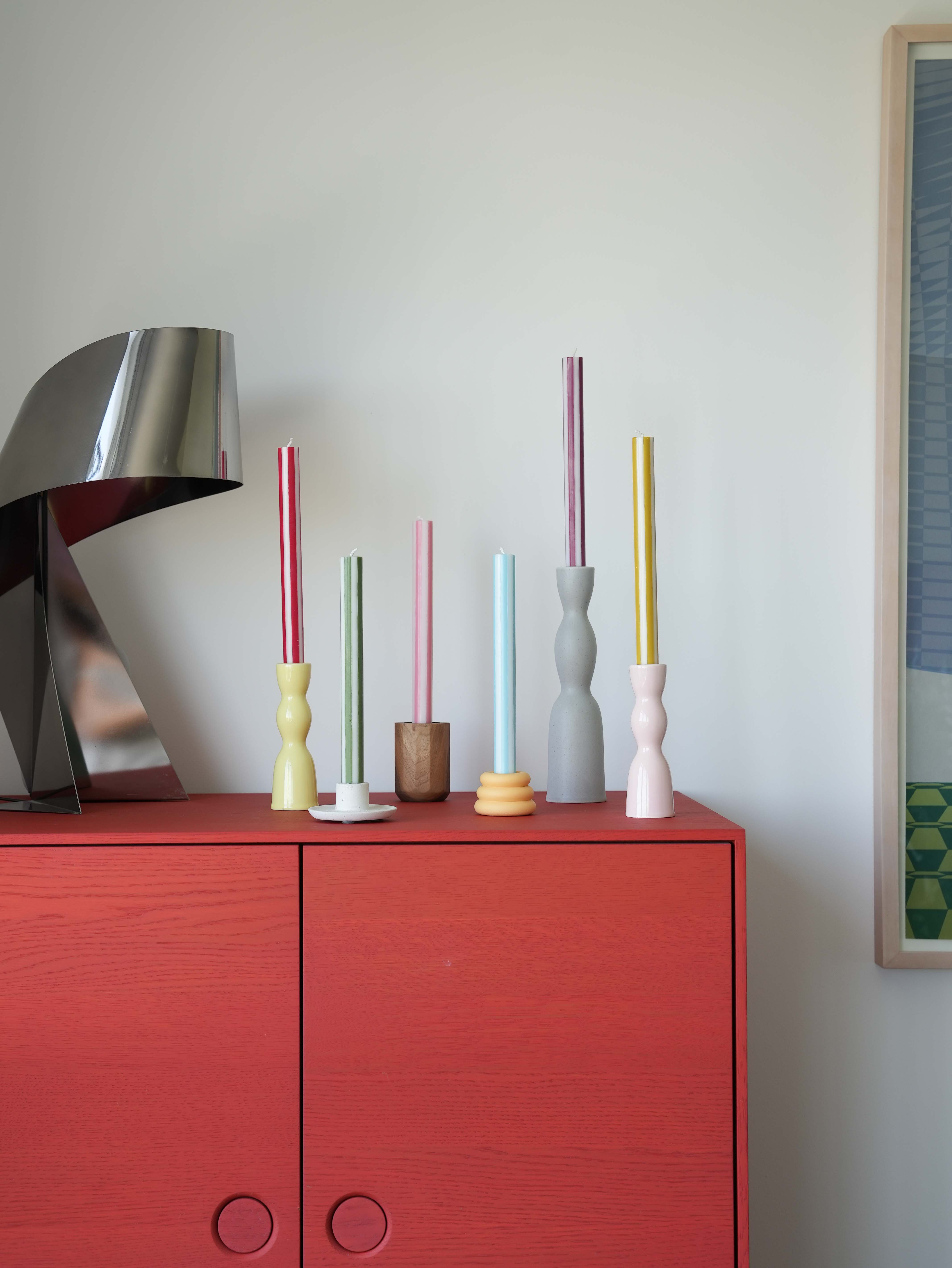 Stripe Dinner Candles - Bright Red / White