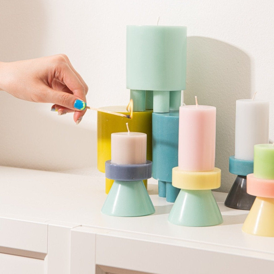 Stack Candle Tall | Floss Pink, Pale Yellow & Mint