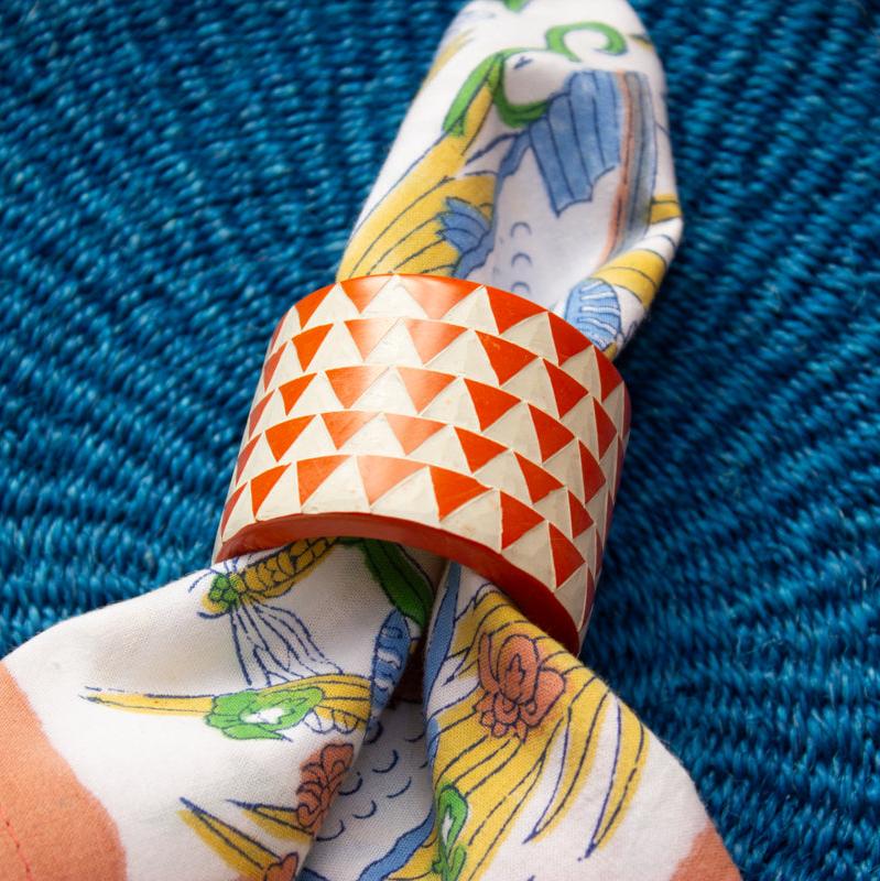 Hand Carved Soapstone Napkin Ring 'Orange Triangles'