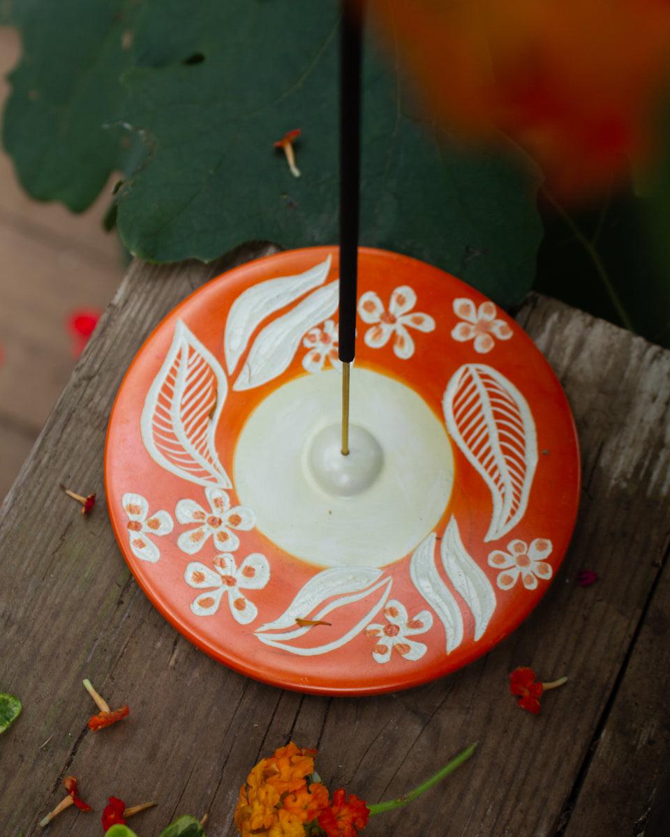 Kenyan Soapstone Round Incense Holder 'Orange Floral'