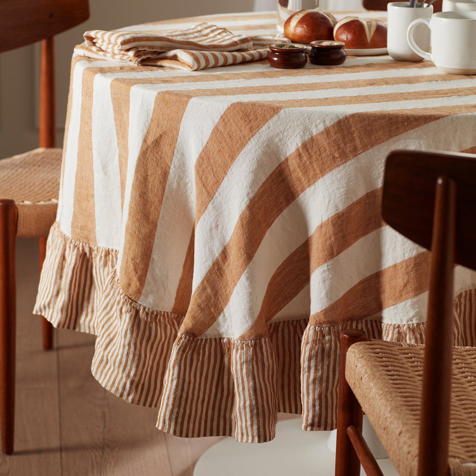 Cora Wide Stripe 100% Linen Tablecloth | Amber