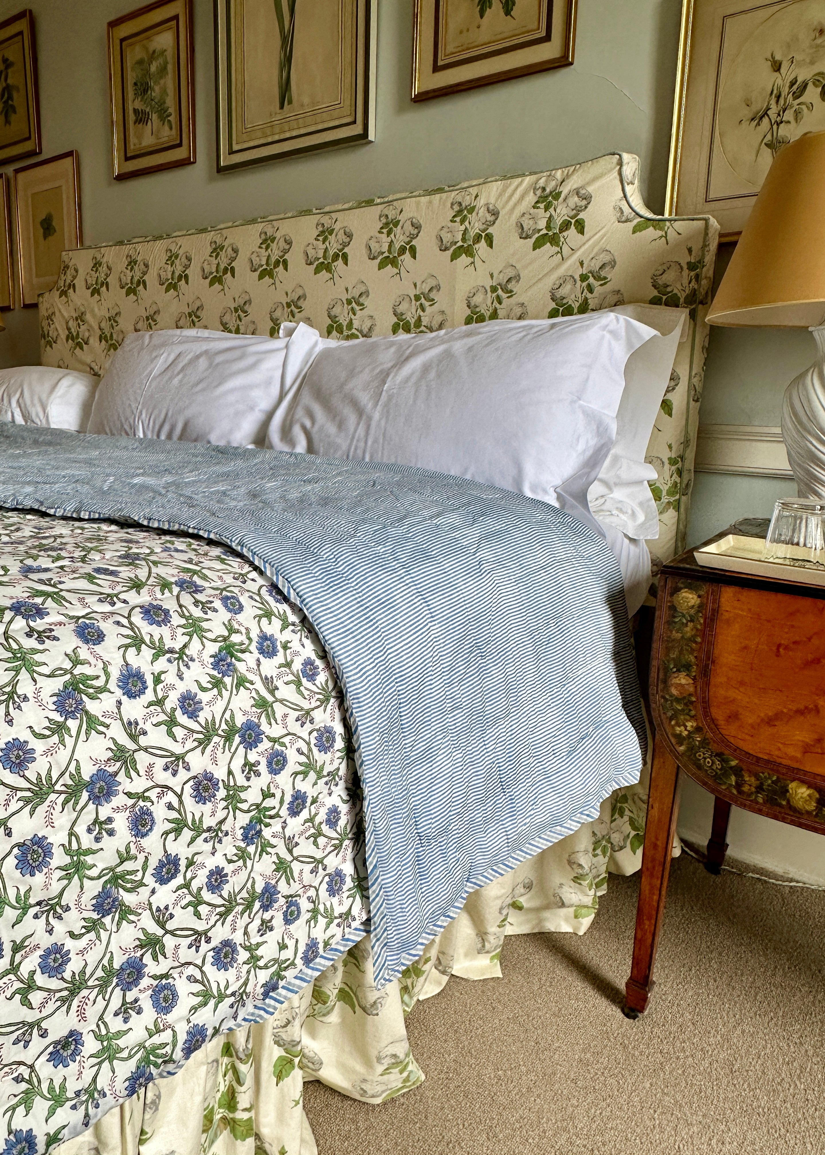 Blue Floral / Stripe Bed Quilt