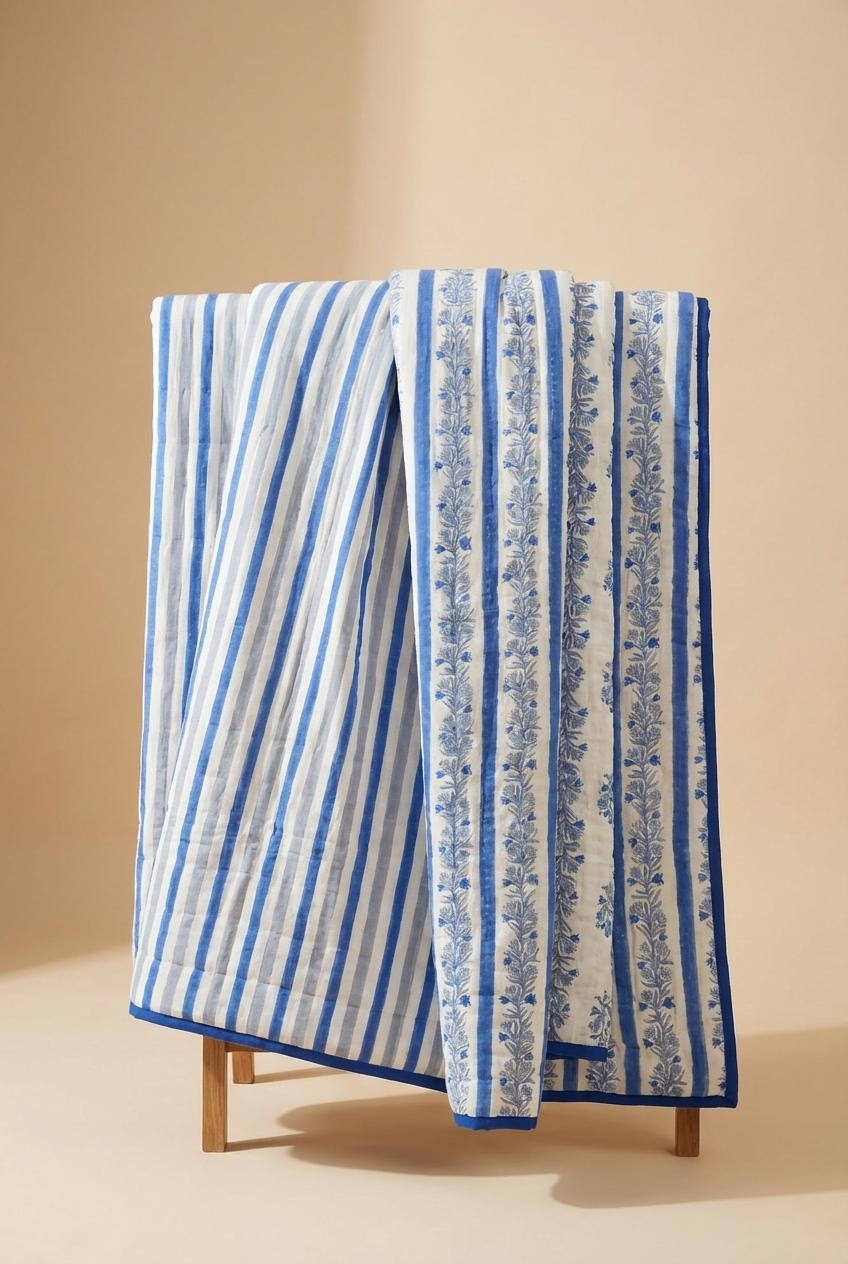 Blue Floral Stripe Bed Quilt