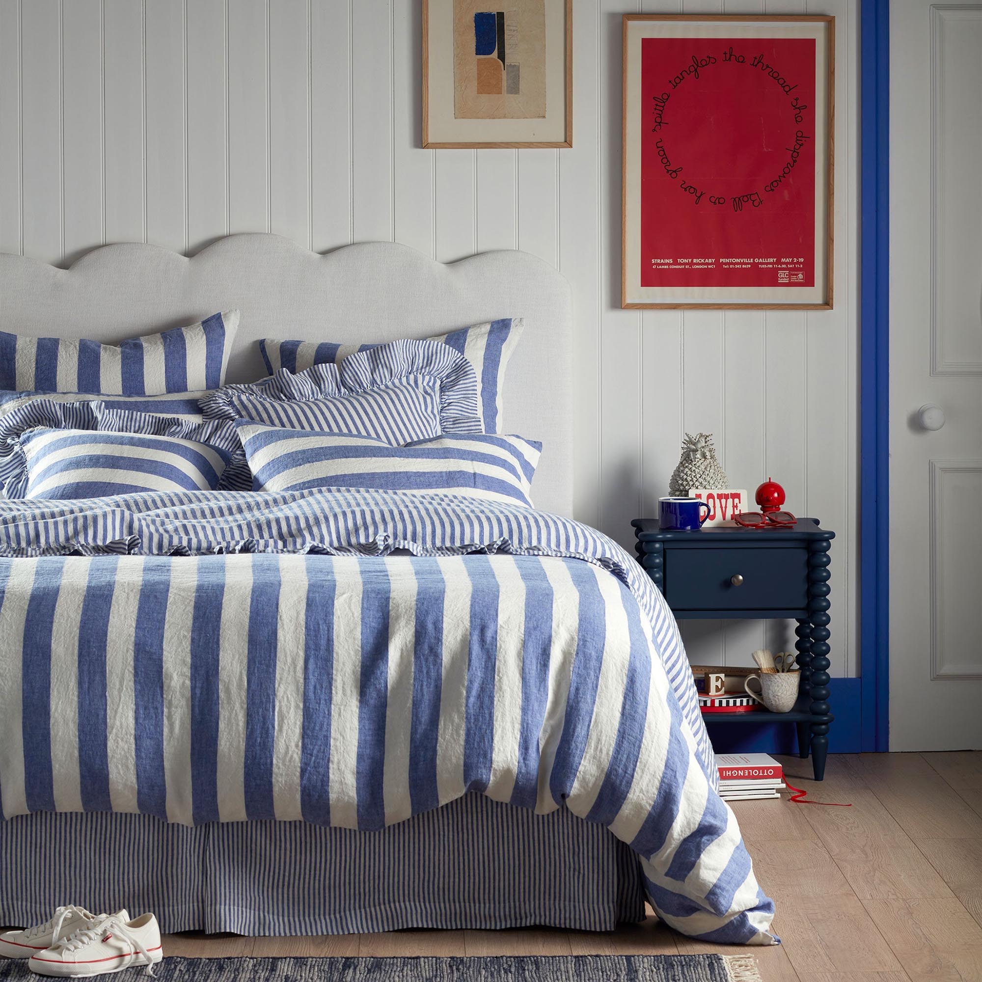 Cobalt Cora Stripe 100% Linen Duvet Cover