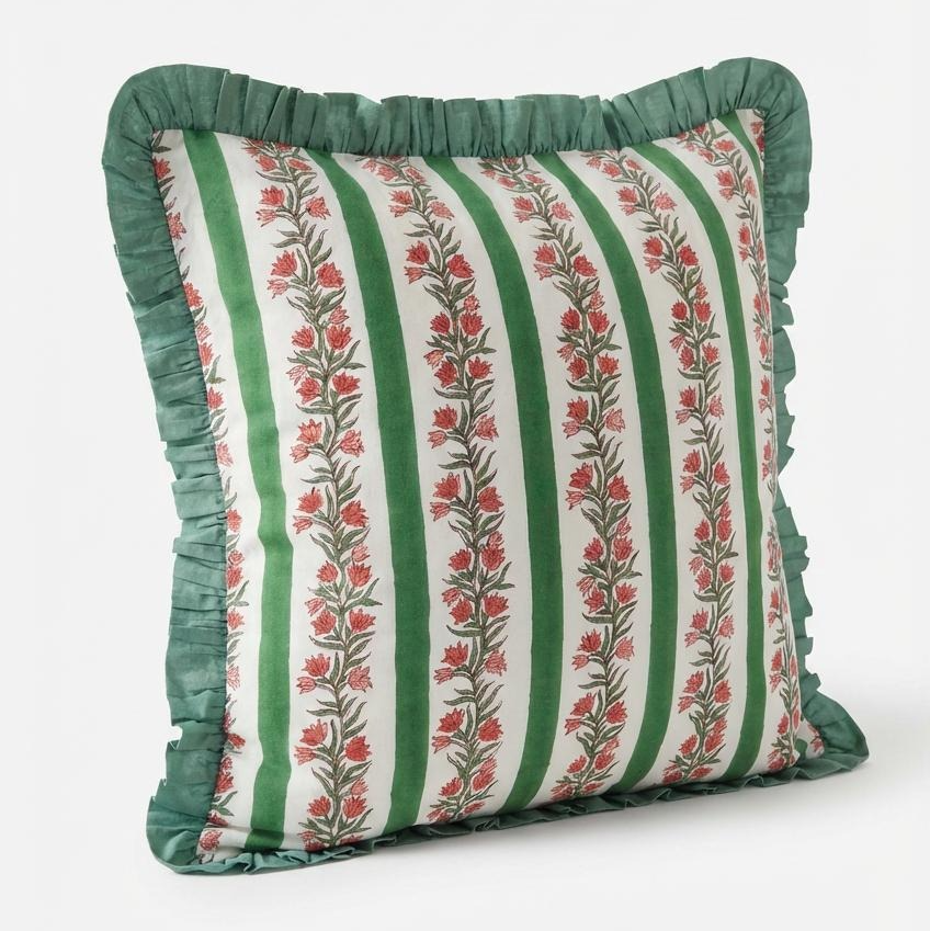 Large Green Floral and Stripe Reversible Cushion Cover | Sample Sale