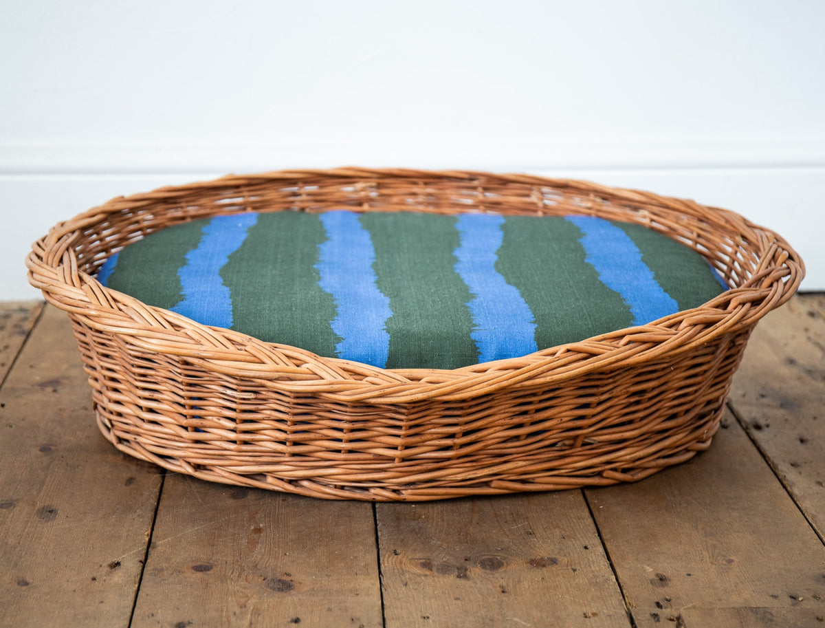 Vintage Dog / Cat pet basket with printed Colbalt stripe linen cushion