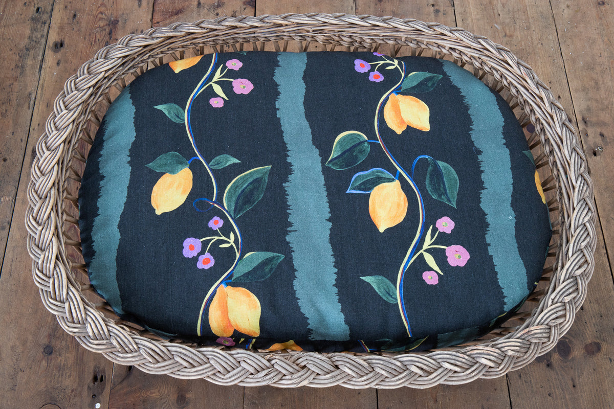 Vintage Dog / Cat pet basket with printed Citrons linen cushion