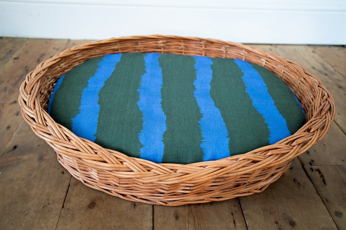 Vintage Dog / Cat pet basket with printed Colbalt stripe linen cushion
