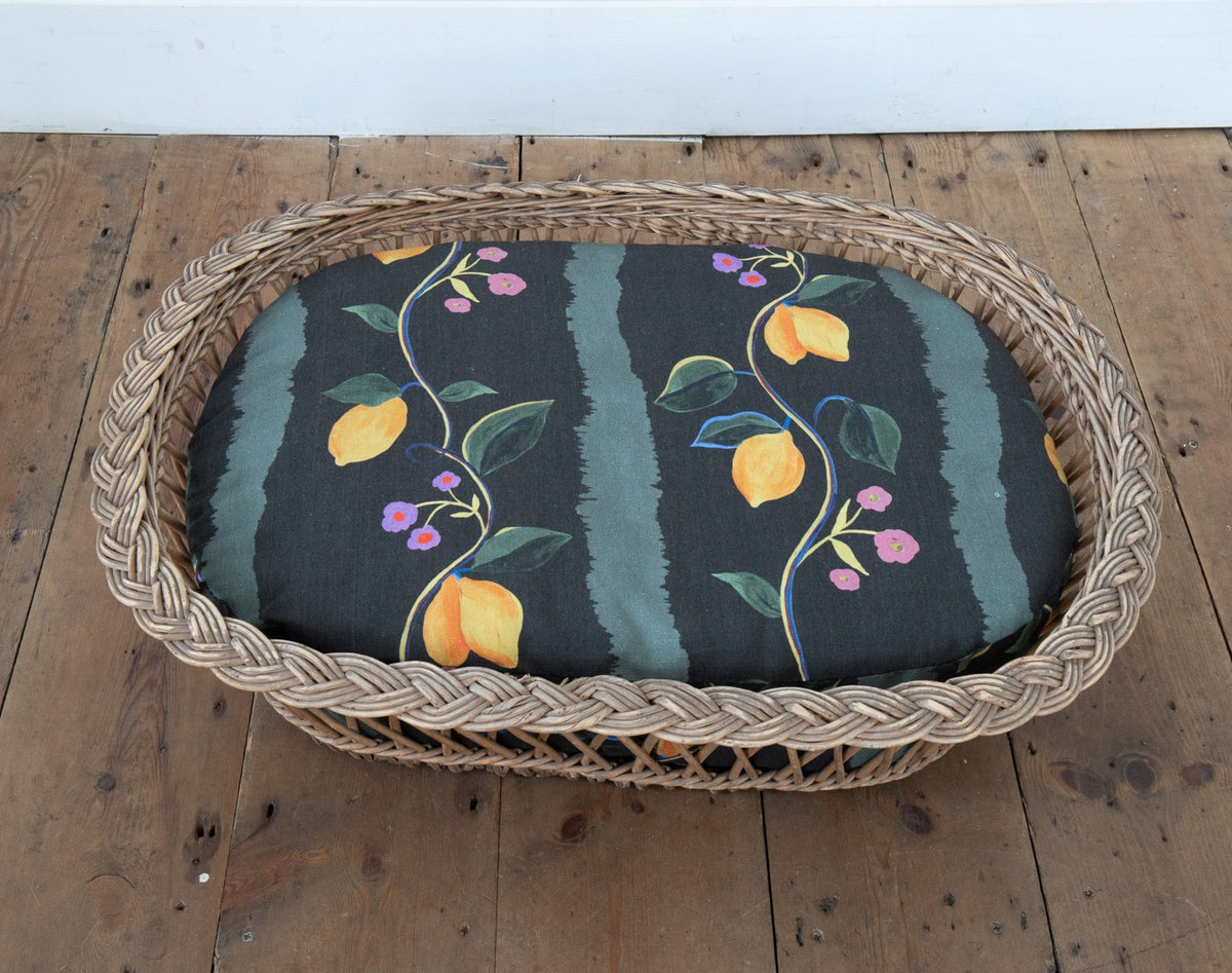 Vintage Dog / Cat pet basket with printed Citrons linen cushion