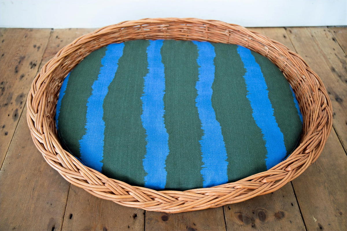 Vintage Dog / Cat pet basket with printed Colbalt stripe linen cushion