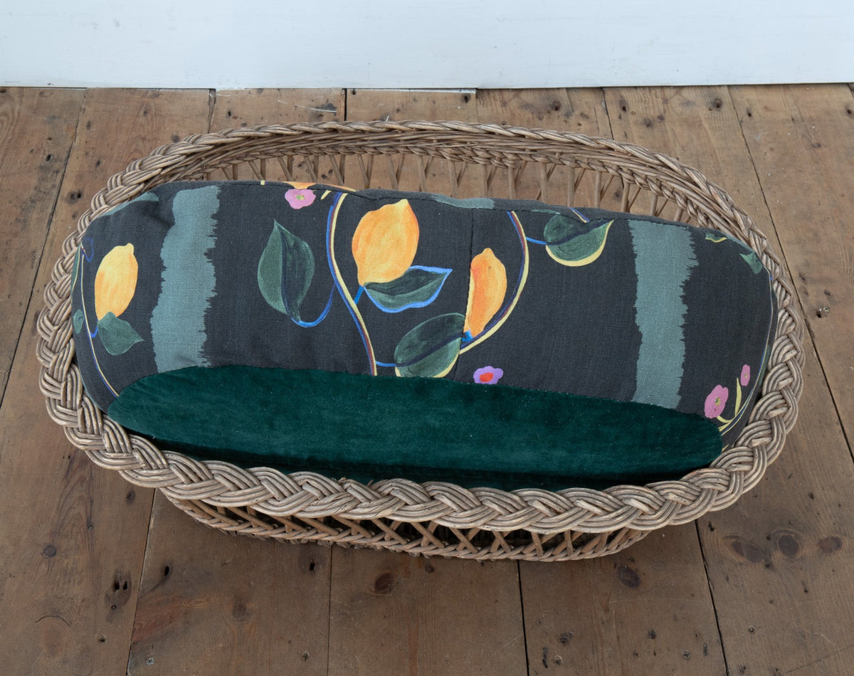 Vintage Dog / Cat pet basket with printed Citrons linen cushion