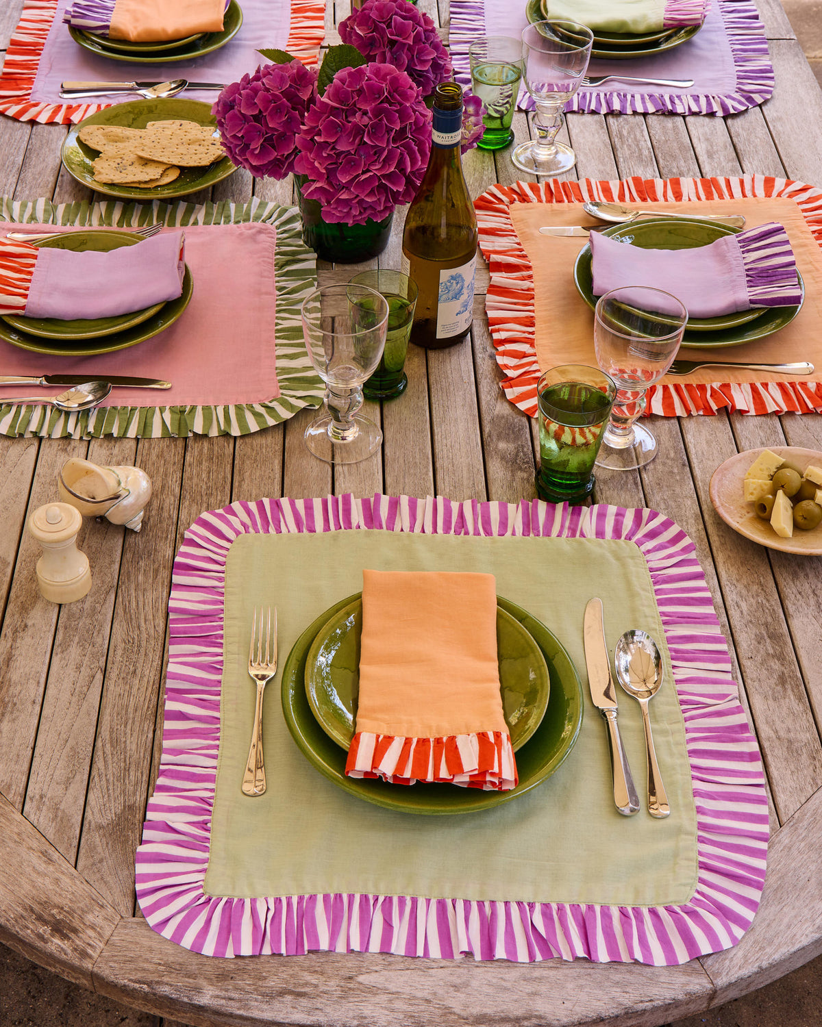 Pair of Ruffle Napkins, Sage Green & Fuchsia