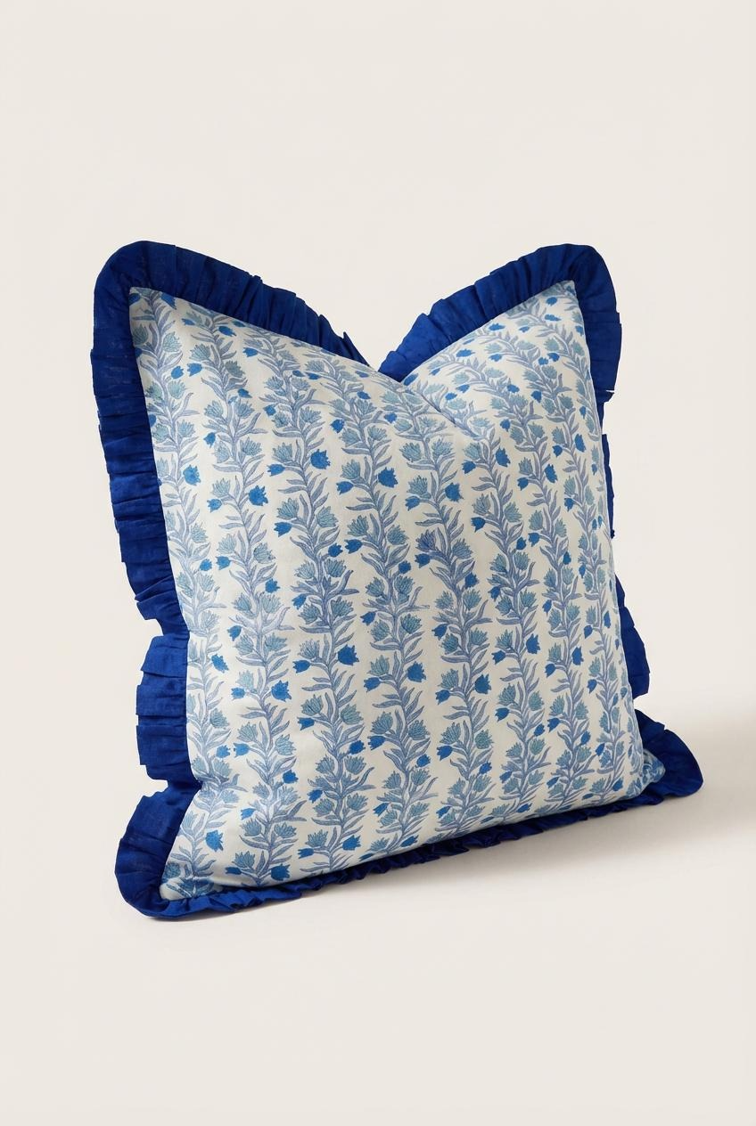 Large Blue Floral Reversible Cushion Cover