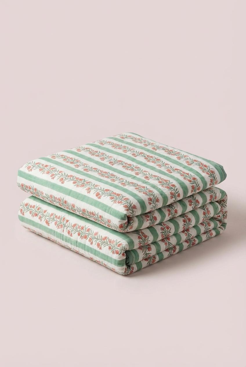Green Floral and Stripe Bed Quilt